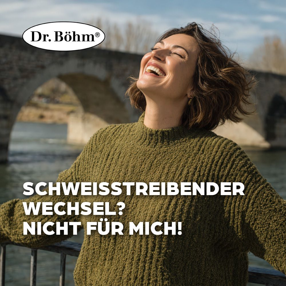 Frau lacht in die Sonne. Text: SCHWEISSTREIBENDER WECHSEL? NICHT FÜR MICH! Im Hintergrund eine Brücke.
