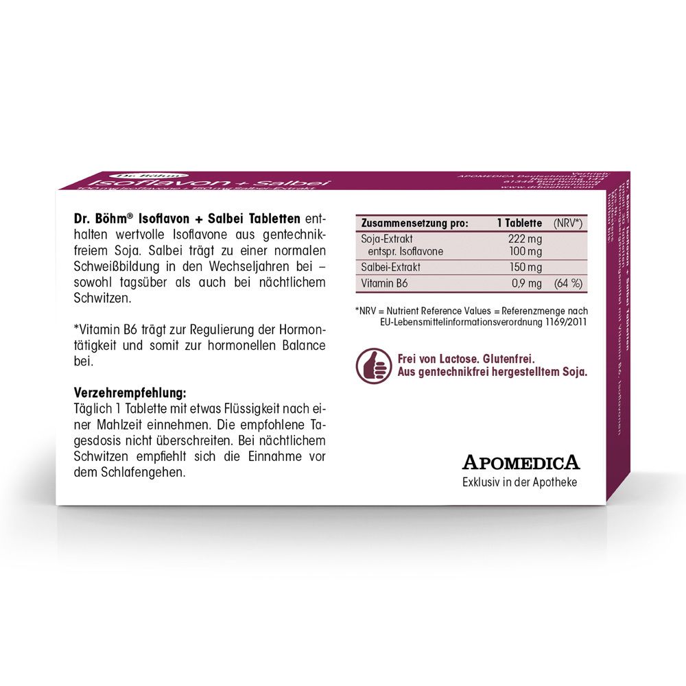 Rückseite der Verpackung von Dr. Böhm® Isoflavon + Salbei. Enthält Inhaltsstoffe und Verzehrempfehlung. Frei von Laktose und Gluten.