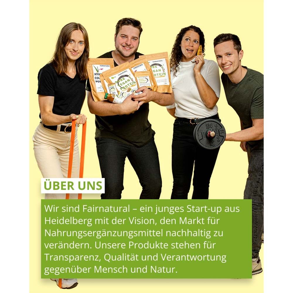 Gruppe von Personen. Text: Über uns. Wir sind Fairnatural – ein junges Start-up aus Heidelberg mit der Vision, den Markt für Nahrungsergänzungsmittel nachhaltig zu verändern.