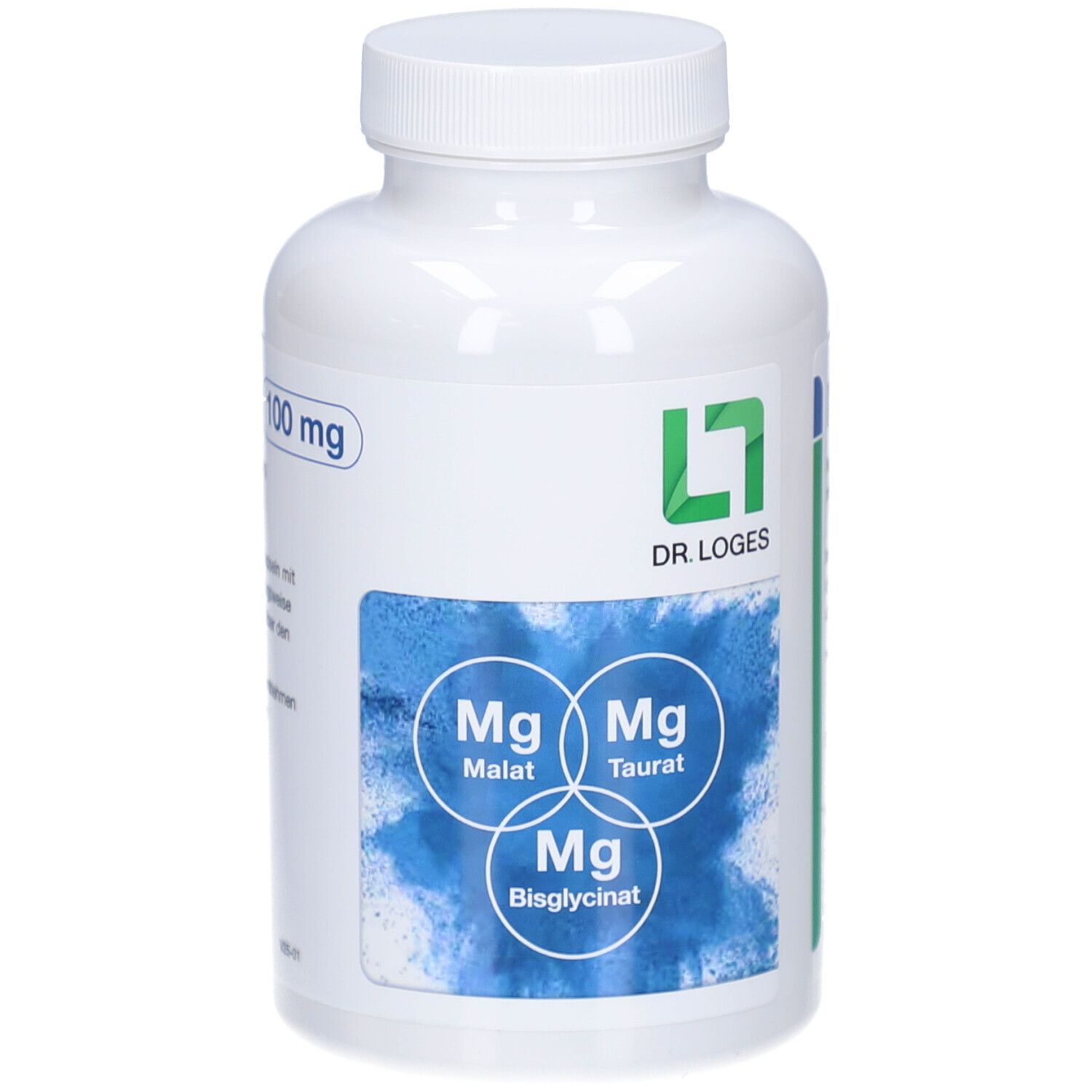 Weiße Flasche mit Kapseln. Blaue Etikett mit Mg-Verbindungen. Dr. Loges Logo. 100 mg.