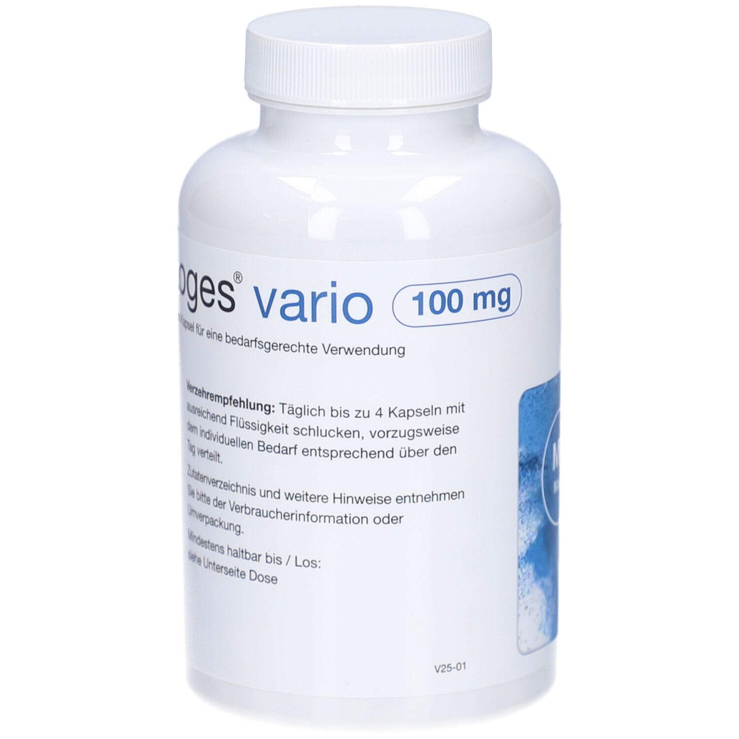 Weiße Flasche mit Kapseln. Aufschrift 'vario 100 mg'. Text mit Verzehrempfehlung. Weißer Deckel.