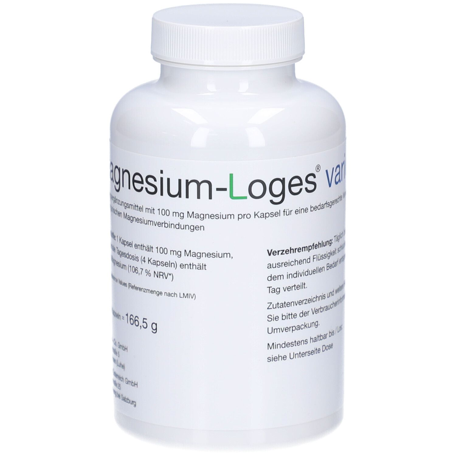 Weiße Flasche mit Kapseln. Aufschrift 'magnesium-Loges vario'. Text mit Inhaltsangaben. Weißer Deckel.