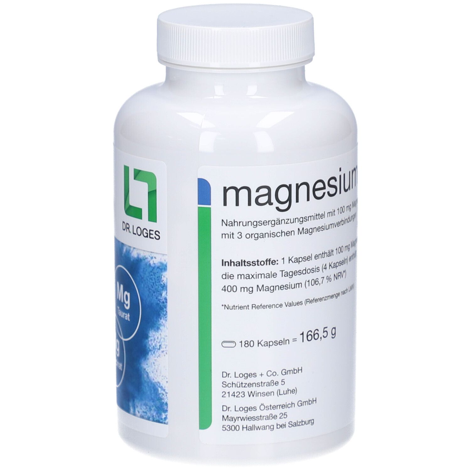 Weiße Flasche mit Kapseln. Aufschrift 'magnesium'. Text mit Inhaltsangaben. 180 Kapseln.