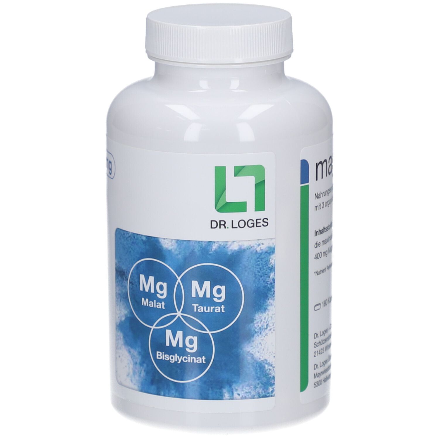 Weiße Flasche mit Kapseln. Blaues Etikett mit Mg-Verbindungen. Dr. Loges Logo. 100 mg.