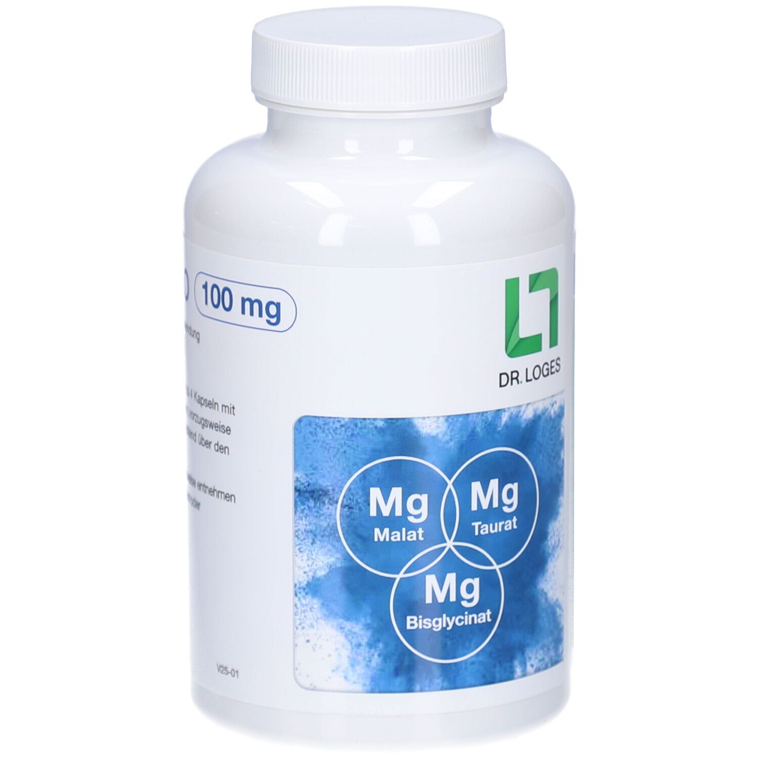 Weiße Flasche mit Kapseln. Aufschrift '100 mg'. Blaues Etikett mit Mg-Verbindungen. Dr. Loges Logo.