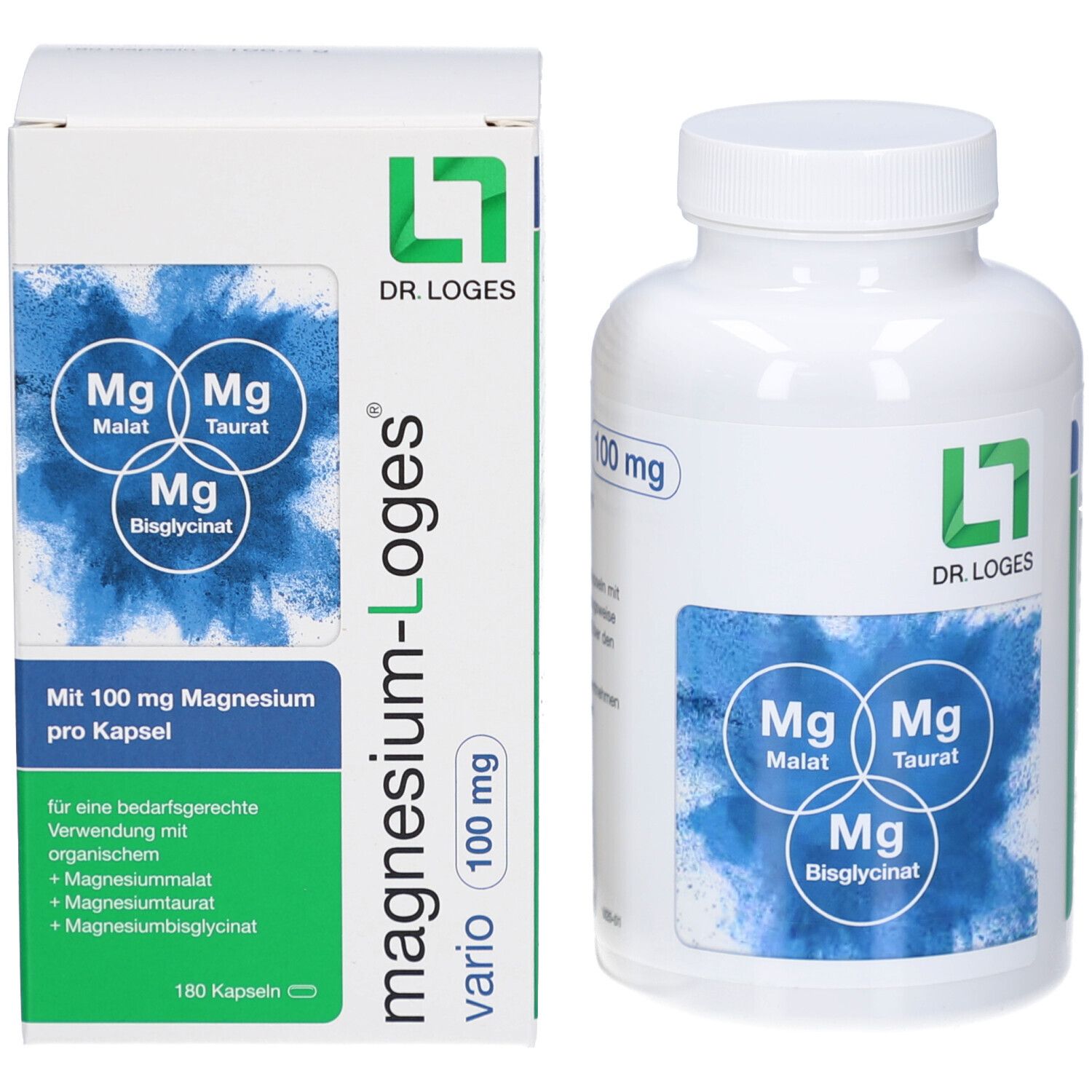 Produktverpackung und Flasche mit Kapseln. Aufschrift 'magnesium-Loges vario'. 100 mg. 180 Kapseln.