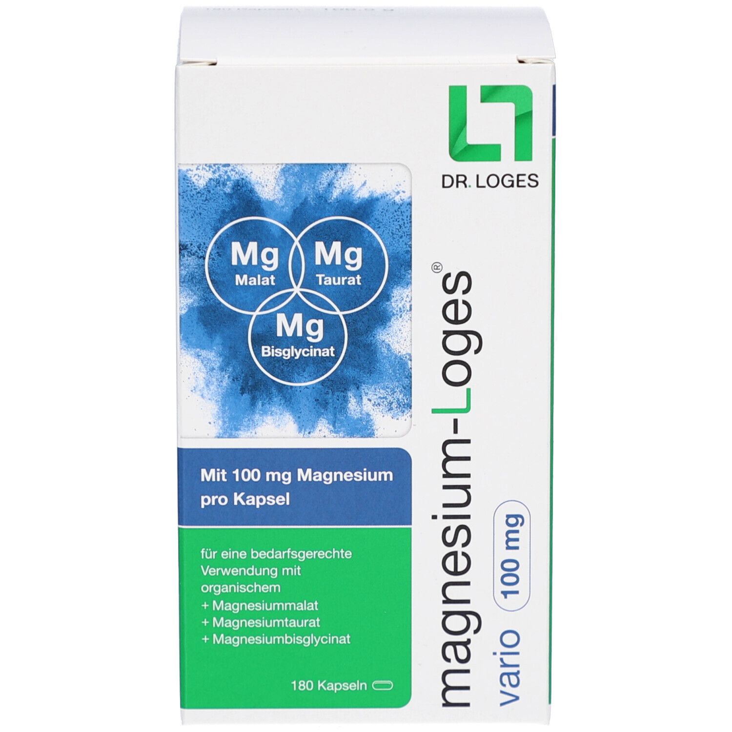 Produktverpackung mit Kapseln. Aufschrift 'magnesium-Loges vario'. 100 mg. 180 Kapseln.