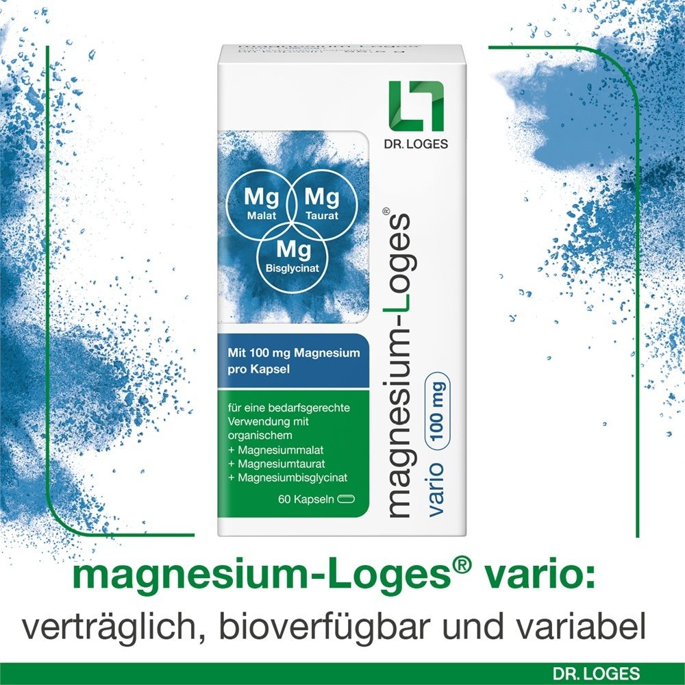 Verpackung und Dose Magnesium-Loges® vario 100 mg mit drei Magnesiumverbindungen.