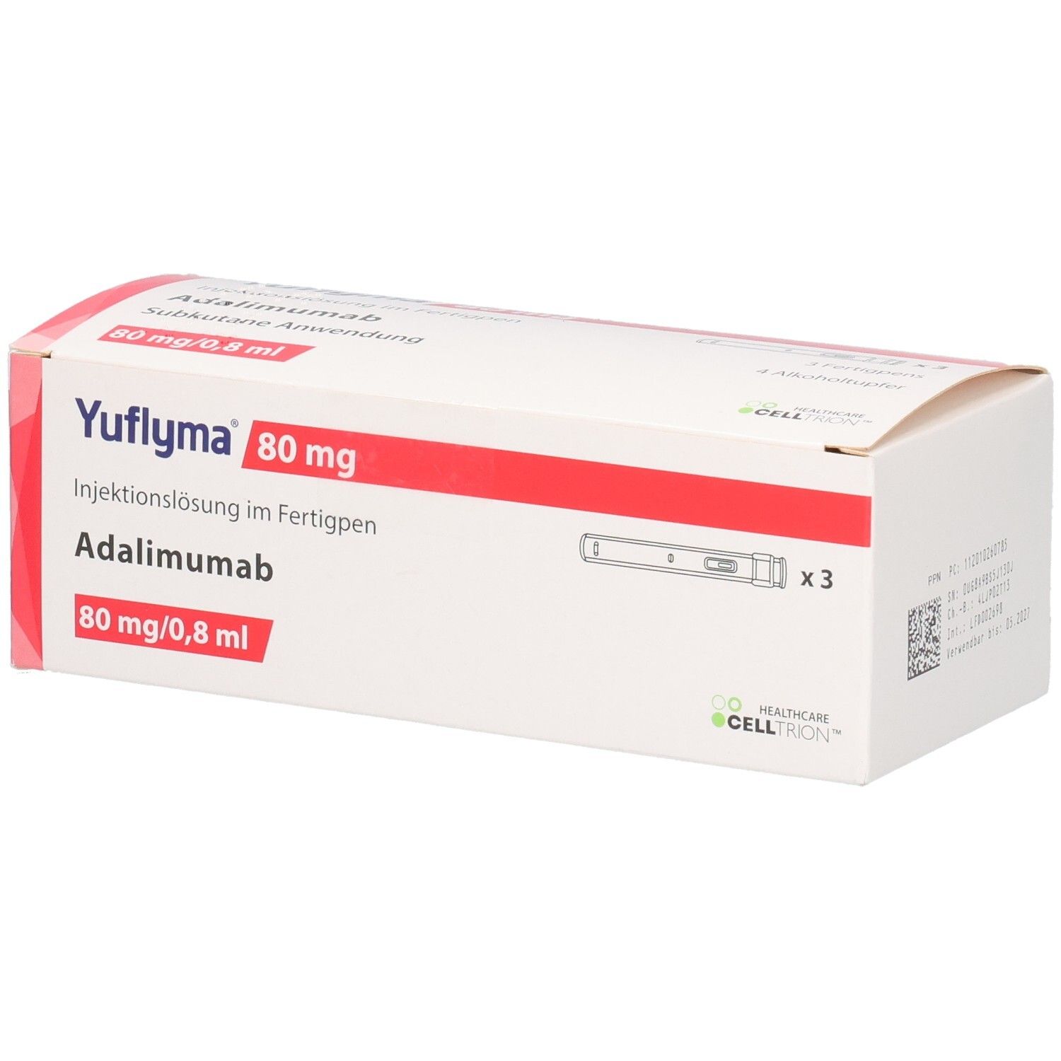 Schachtel YUFLYMA 80 mg/0,8 ml. Enthält 3 Fertigpens. Rote und weiße Verpackung. Text: Adalimumab, Injektionslösung.