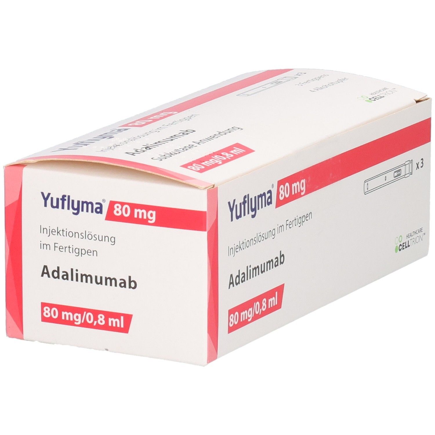 Schachtel YUFLYMA 80 mg/0,8 ml. Rote und weiße Verpackung. Text: Adalimumab, Injektionslösung im Fertigpen.