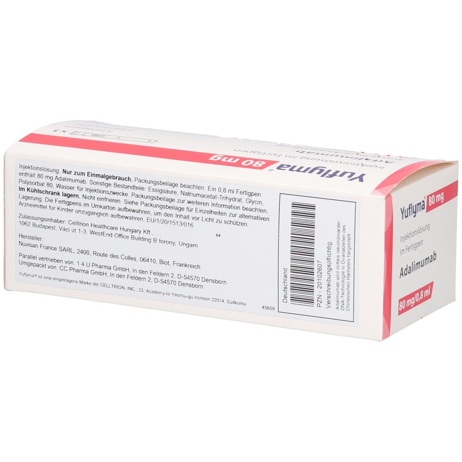 Rückseite der YUFLYMA-Schachtel. Text und Barcode. Enthält Informationen zu Adalimumab, 80 mg/0,8 ml. Weiße Verpackung.