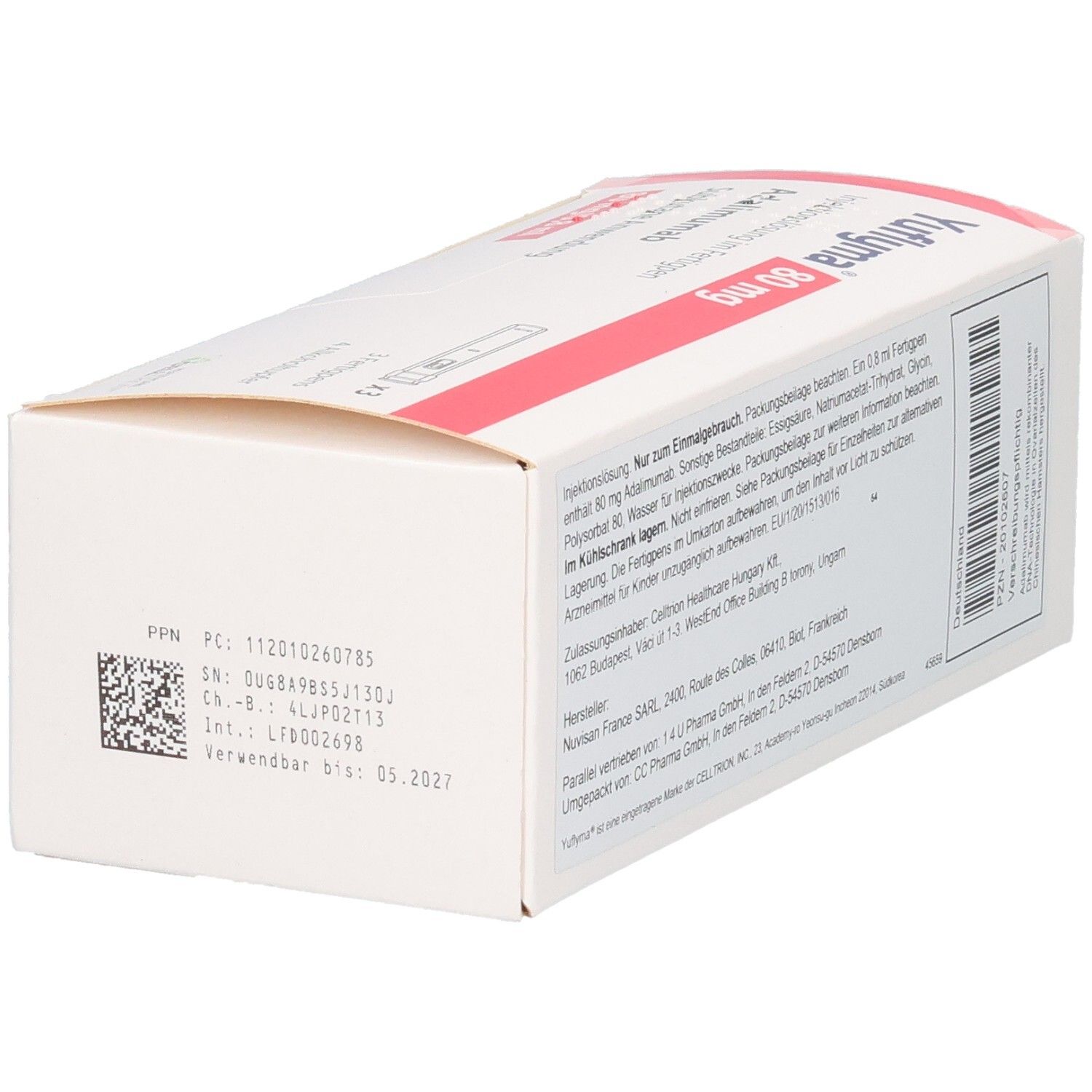 Unterseite der YUFLYMA-Schachtel. Text und Barcode. Enthält Informationen. Weiße Verpackung.