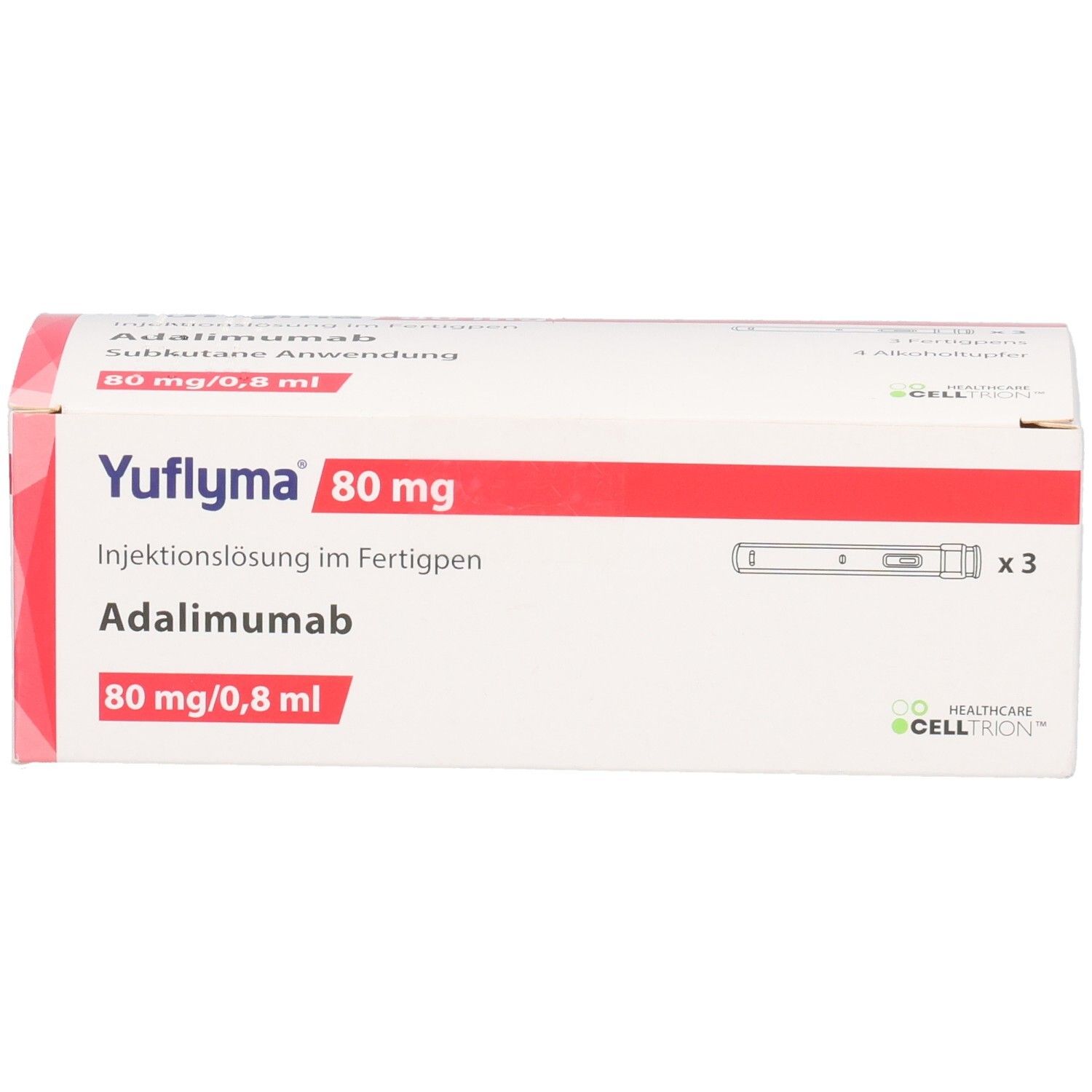 Schachtel YUFLYMA 80 mg/0,8 ml. Enthält 3 Fertigpens. Rote und weiße Verpackung. Text: Adalimumab, Injektionslösung.