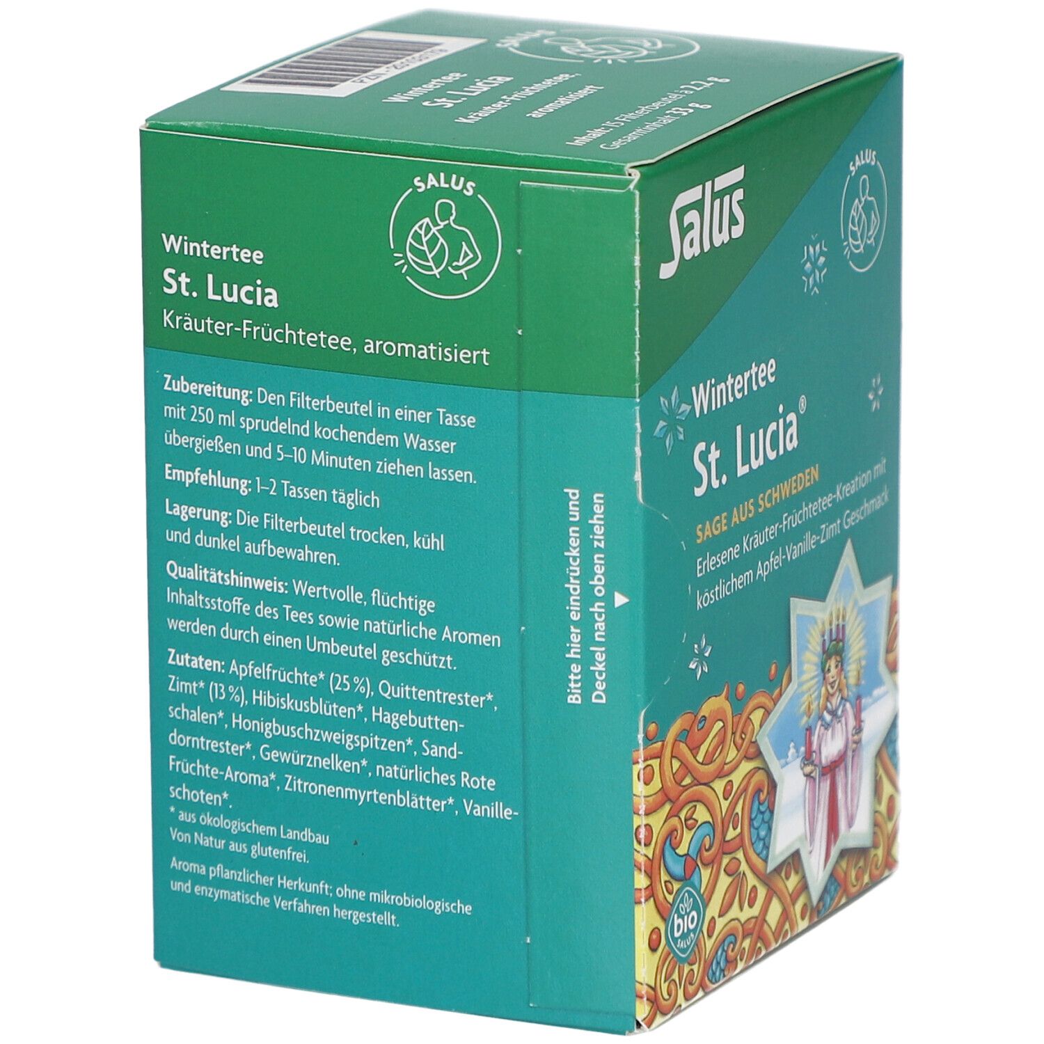 Grüne Kartonverpackung mit Text über Zubereitung und Inhaltsstoffe. "Wintertee St. Lucia".