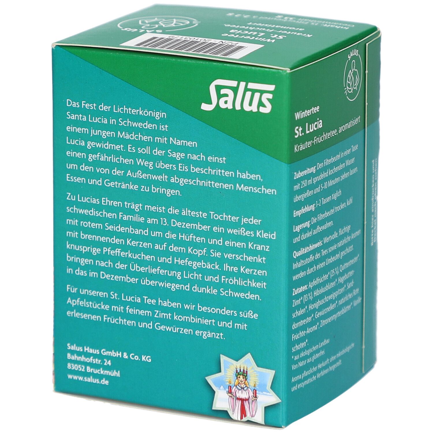 Grüne Kartonverpackung mit Text über die Geschichte von St. Lucia. "Wintertee St. Lucia".