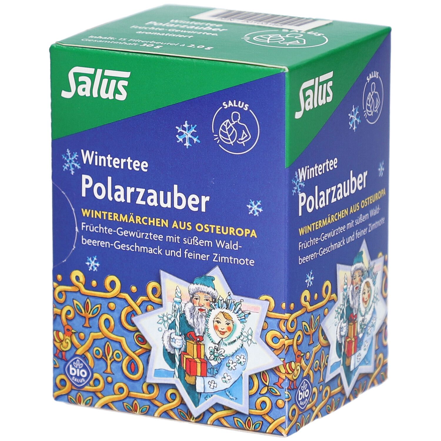 Salus Wintertee Polarzauber. Blaue und grüne Verpackung mit Illustrationen. Bio-Siegel.