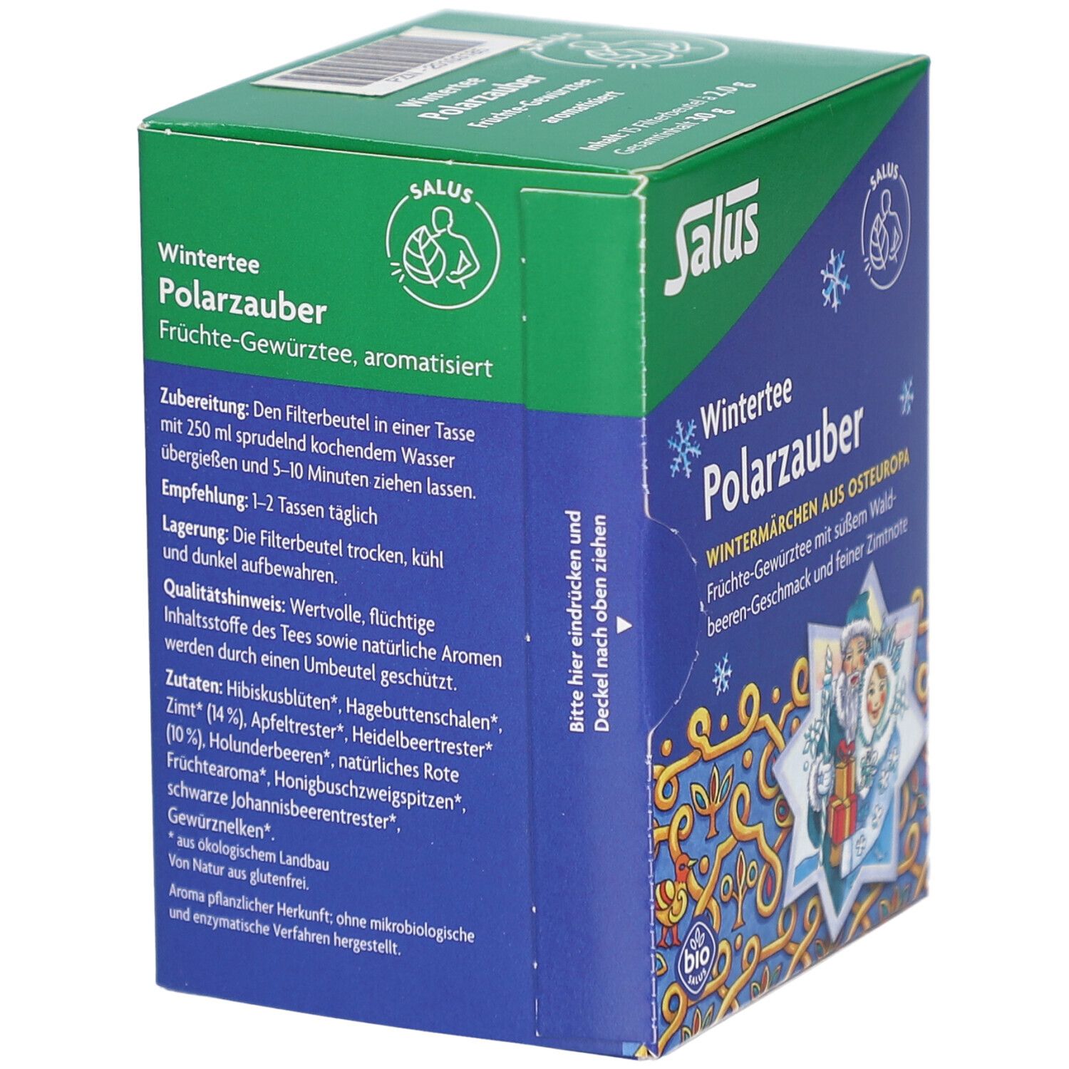 Salus Wintertee Polarzauber. Verpackung mit Text und Zutatenliste. Bio-Siegel. Grüne und blaue Farben.