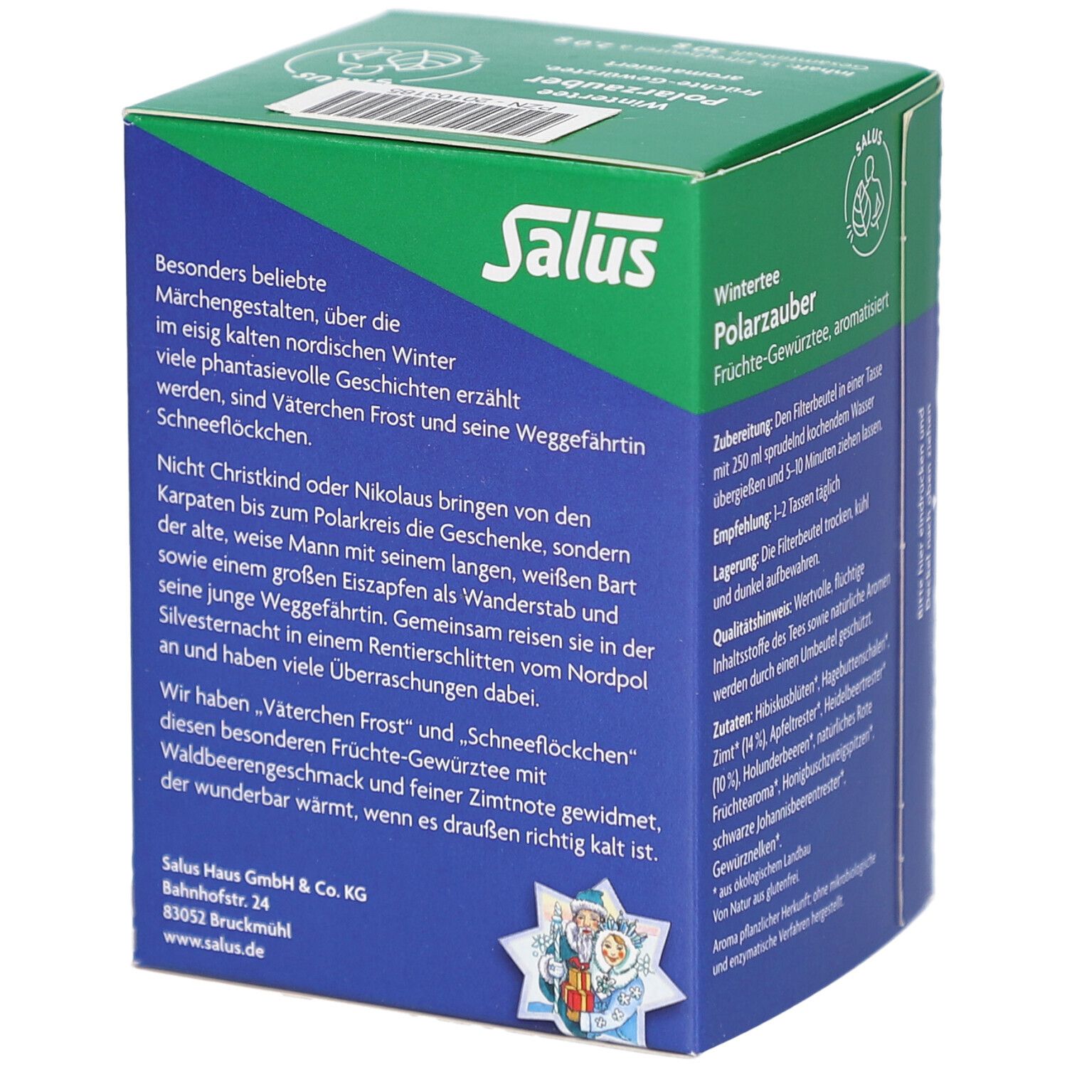 Salus Wintertee Polarzauber. Verpackung mit Text. Grüne und blaue Farben. Bio-Siegel. Illustrationen.