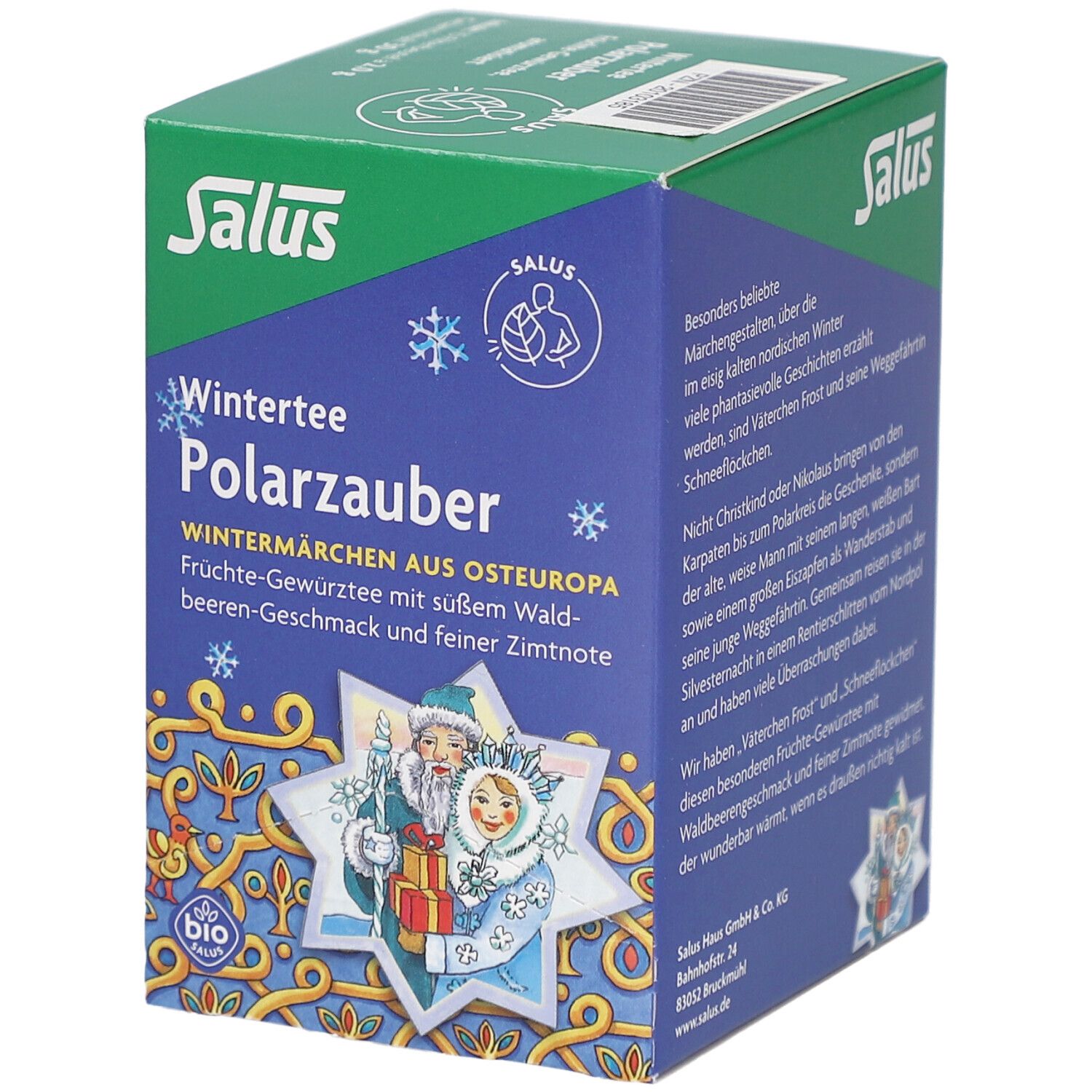 Salus Wintertee Polarzauber. Verpackung mit Text und Illustrationen. Grüne und blaue Farben. Bio-Siegel.
