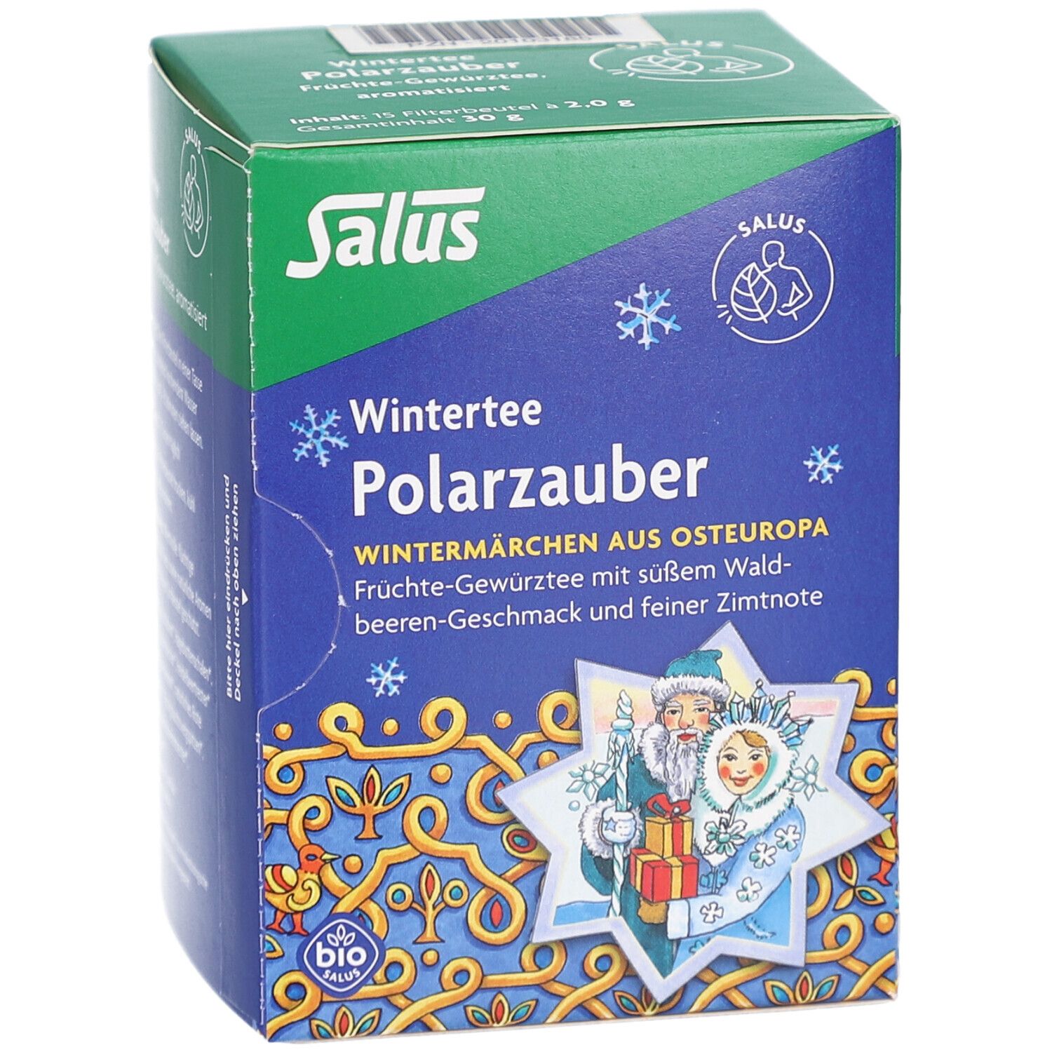 Salus Wintertee Polarzauber. Verpackung mit Text und Illustrationen. Grüne und blaue Farben. Bio-Siegel.