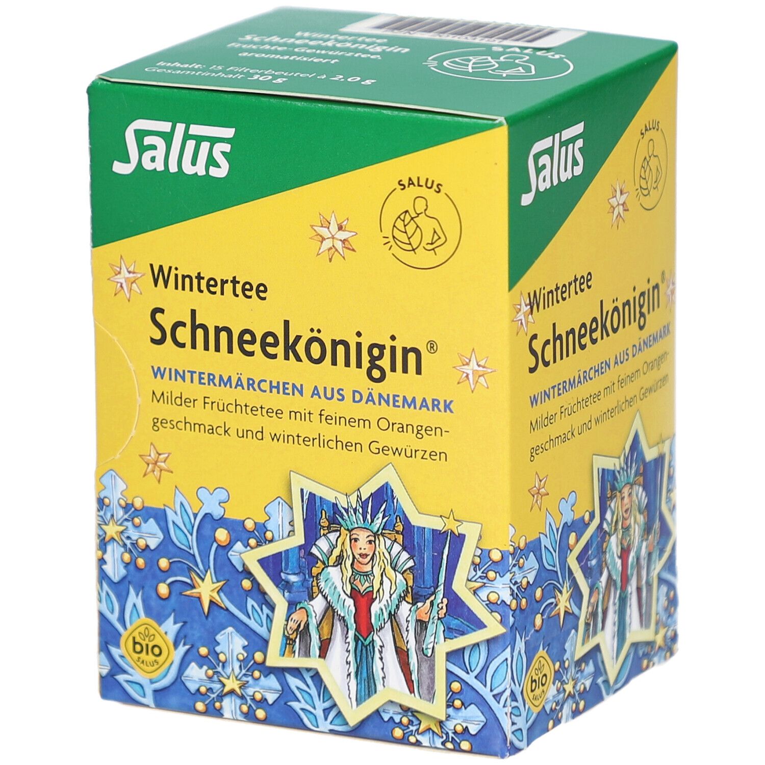 Grüne und gelbe Teebox. Aufschrift: Wintertee Schneekönigin, Bio-Siegel. Illustration der Schneekönigin.