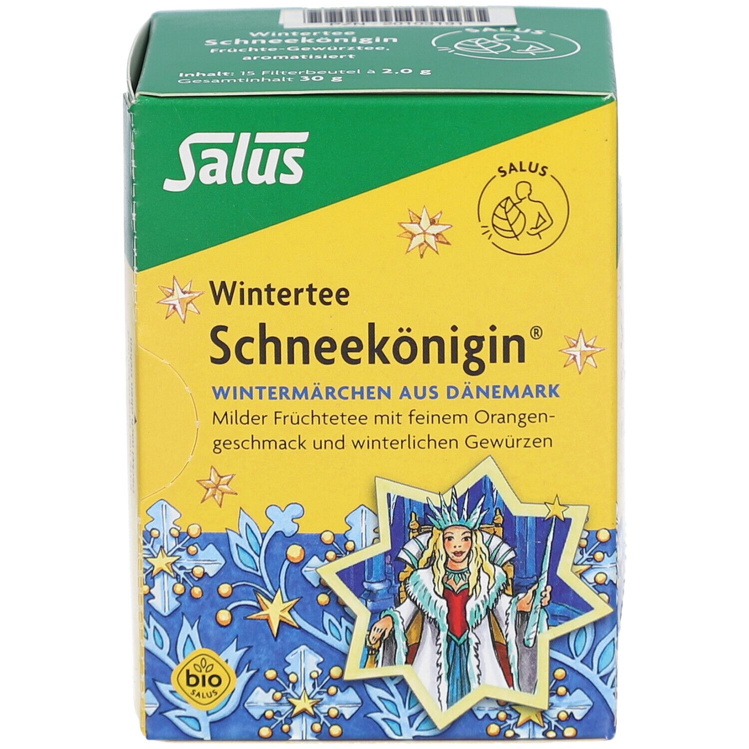 Teebox, grün und gelb. Aufschrift: Wintertee Schneekönigin. Bio-Siegel. 15 Filterbeutel à 2,0g.