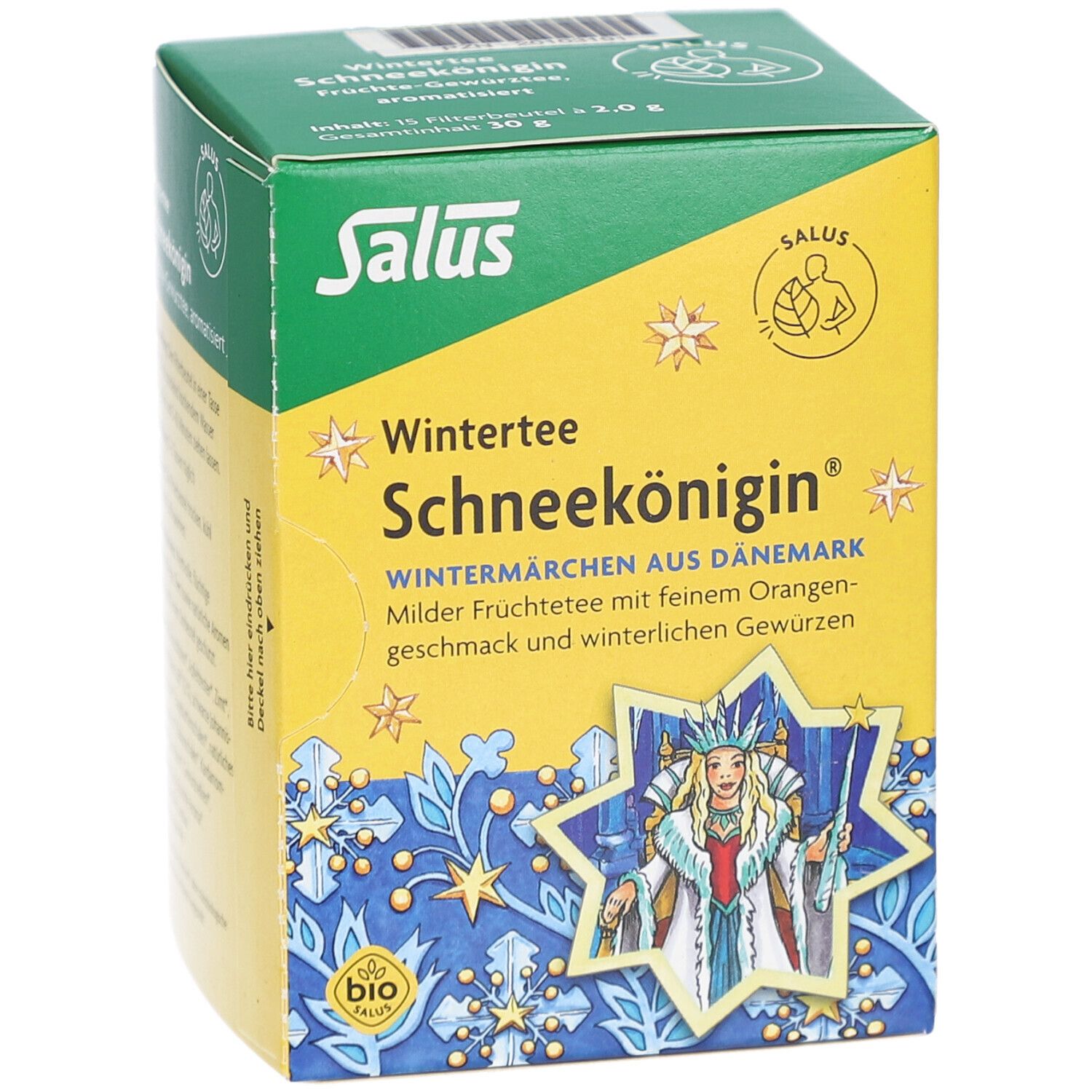 Teebox, grün und gelb. Aufschrift: Wintertee Schneekönigin. Bio-Siegel. Salus Logo. 15 Filterbeutel.