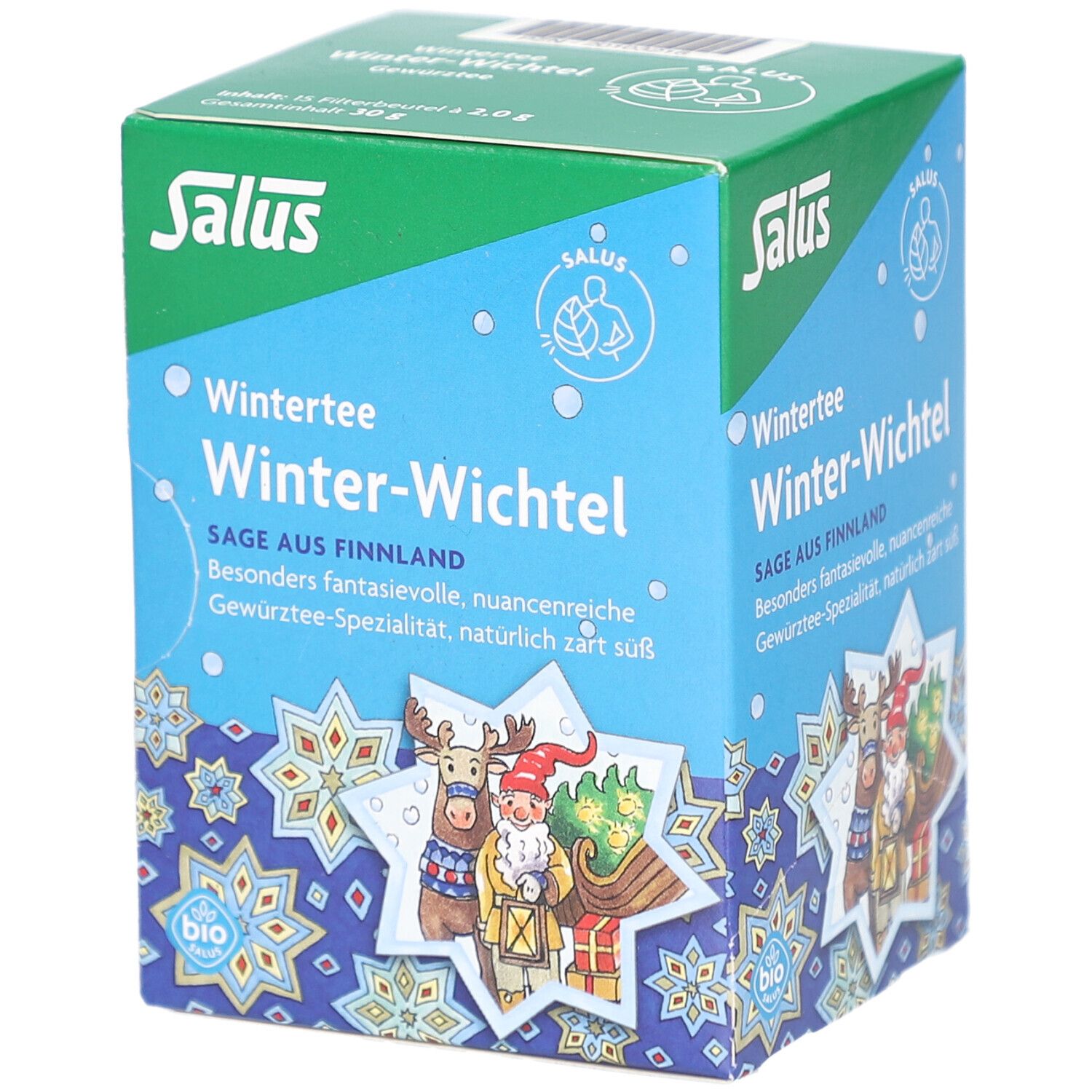 Salus Wintertee Winter-Wichtel. Bio-Tee-Box mit Illustrationen. Vorderseite mit Produktnamen und Logo. Sterne und Figuren.