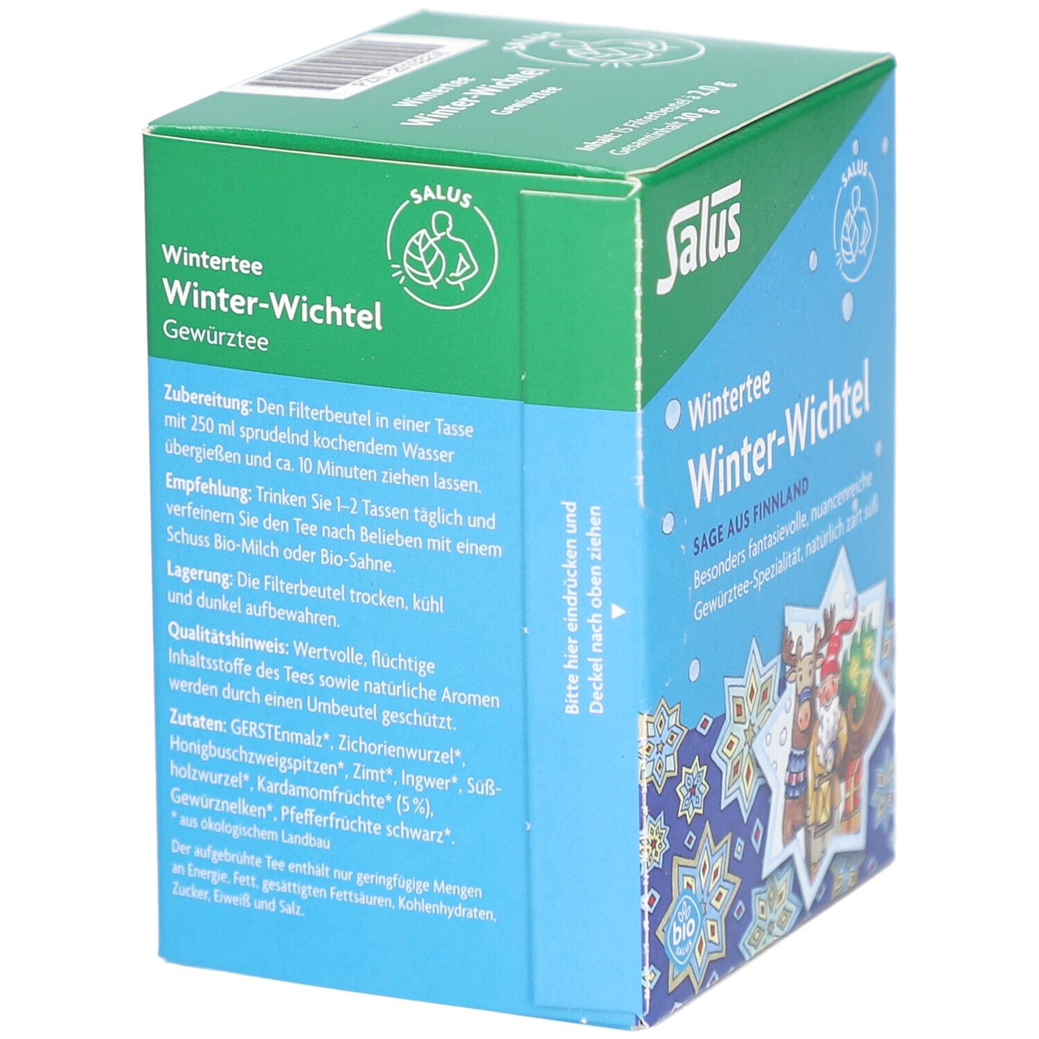 Salus Wintertee Winter-Wichtel. Tee-Box mit Text. Zutatenliste und Zubereitungshinweise. Bio-Siegel.