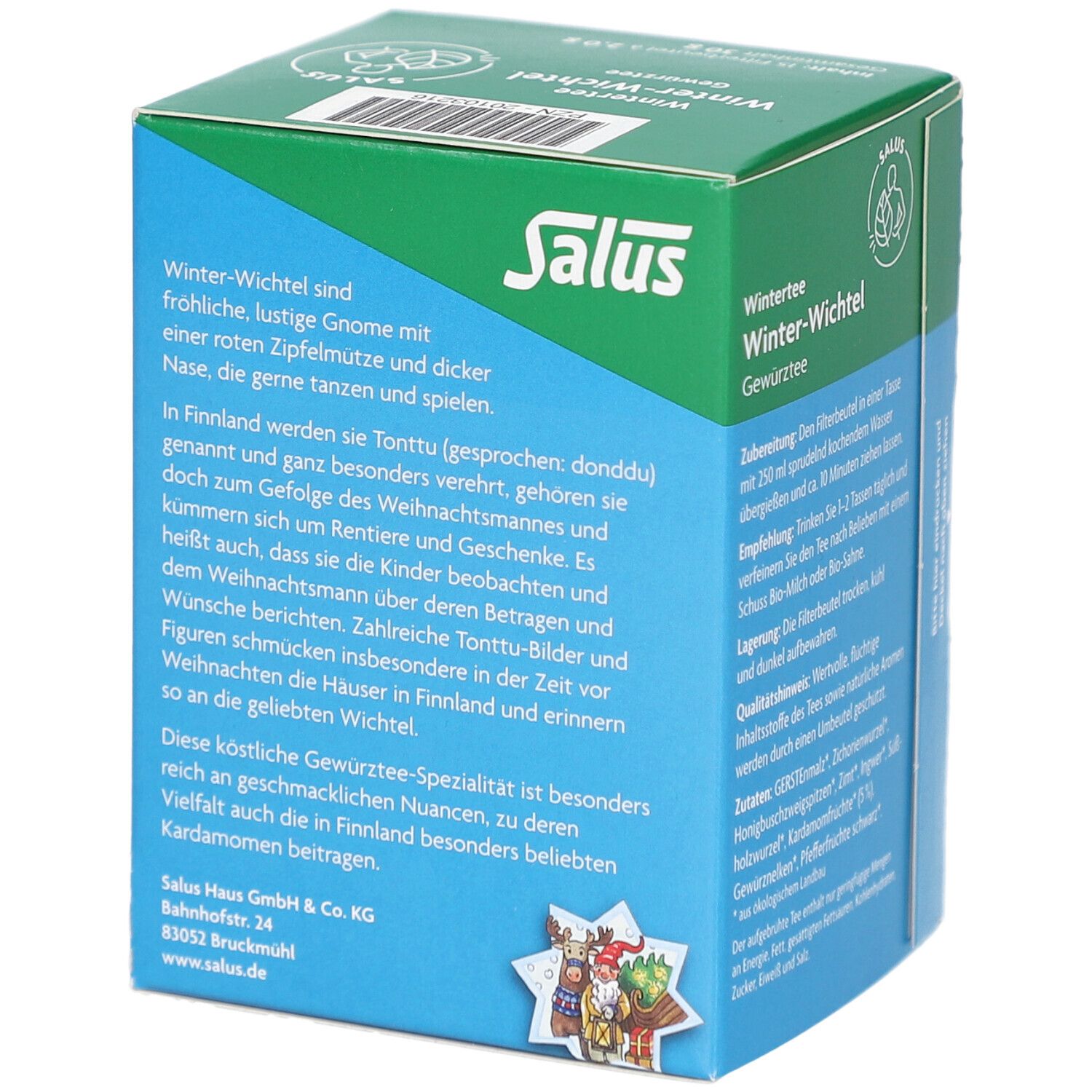 Salus Wintertee Winter-Wichtel. Tee-Box mit Text. Beschreibung des Produkts und der Marke. Sterne und Figuren.