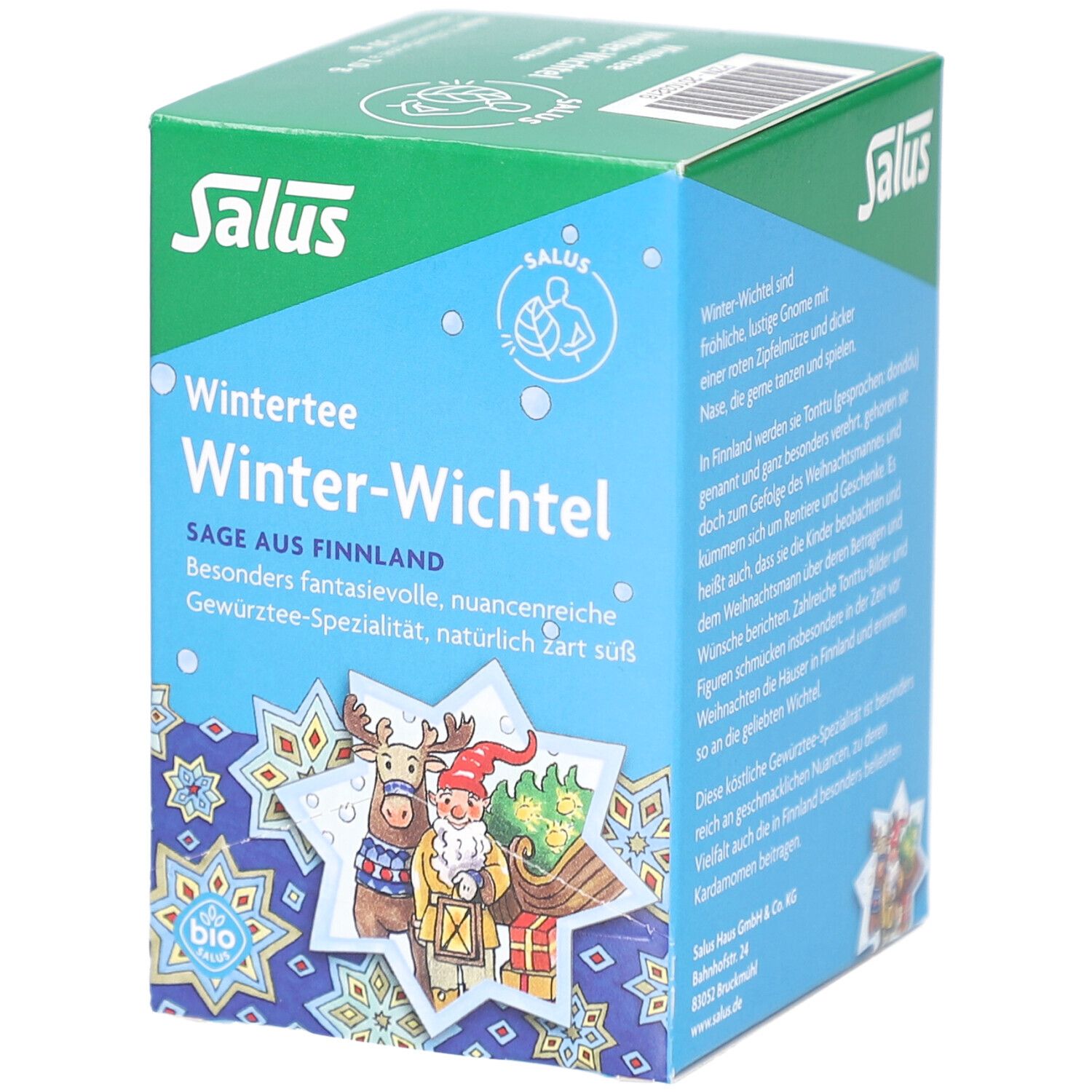 Salus Wintertee Winter-Wichtel. Tee-Box mit Produktnamen und Logo. Illustrationen von Figuren und Sternen.