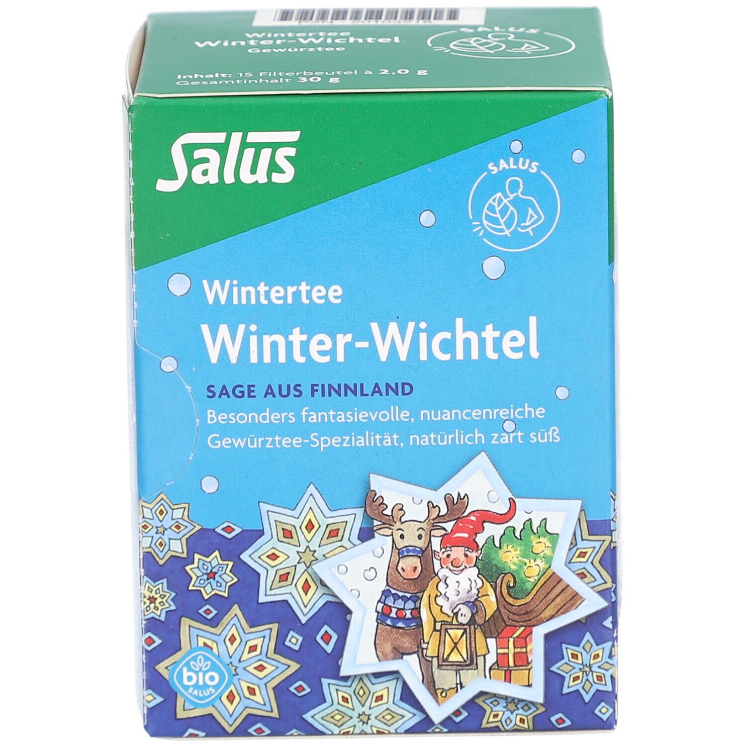Salus Wintertee Winter-Wichtel. Tee-Box mit Produktnamen und Logo. Bio-Siegel. Illustrationen.