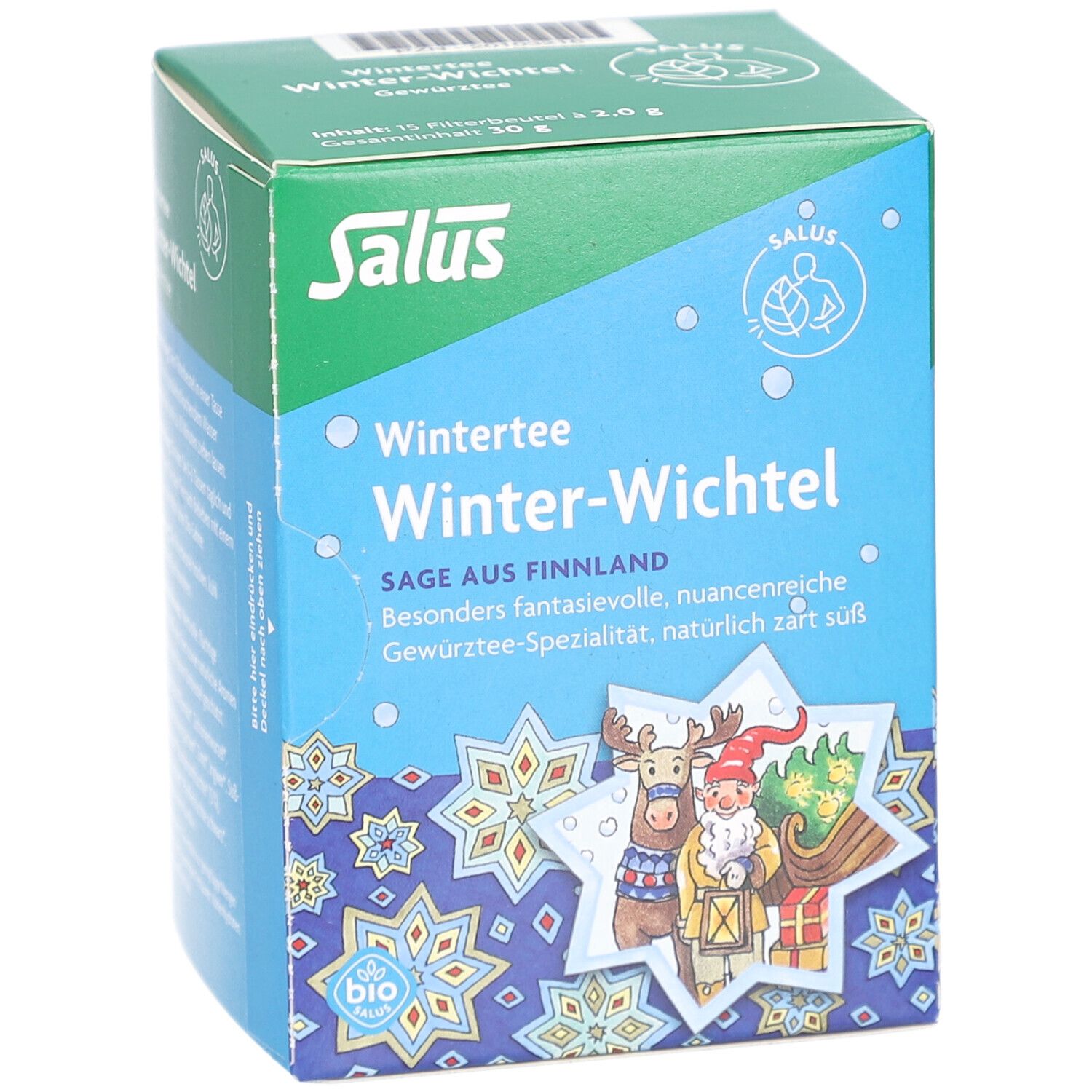 Salus Wintertee Winter-Wichtel. Tee-Box mit Produktnamen und Logo. Bio-Siegel. Illustrationen.