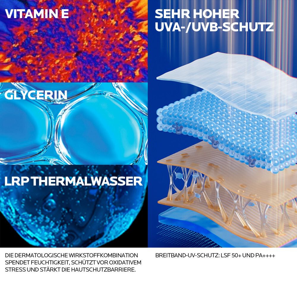 Inhaltsstoffe von La Roche-Posay Anthelios UVsport: Vitamin E, Glycerin, LRP Thermalwasser. Breitspektrum UV-Schutz LSF 50+.