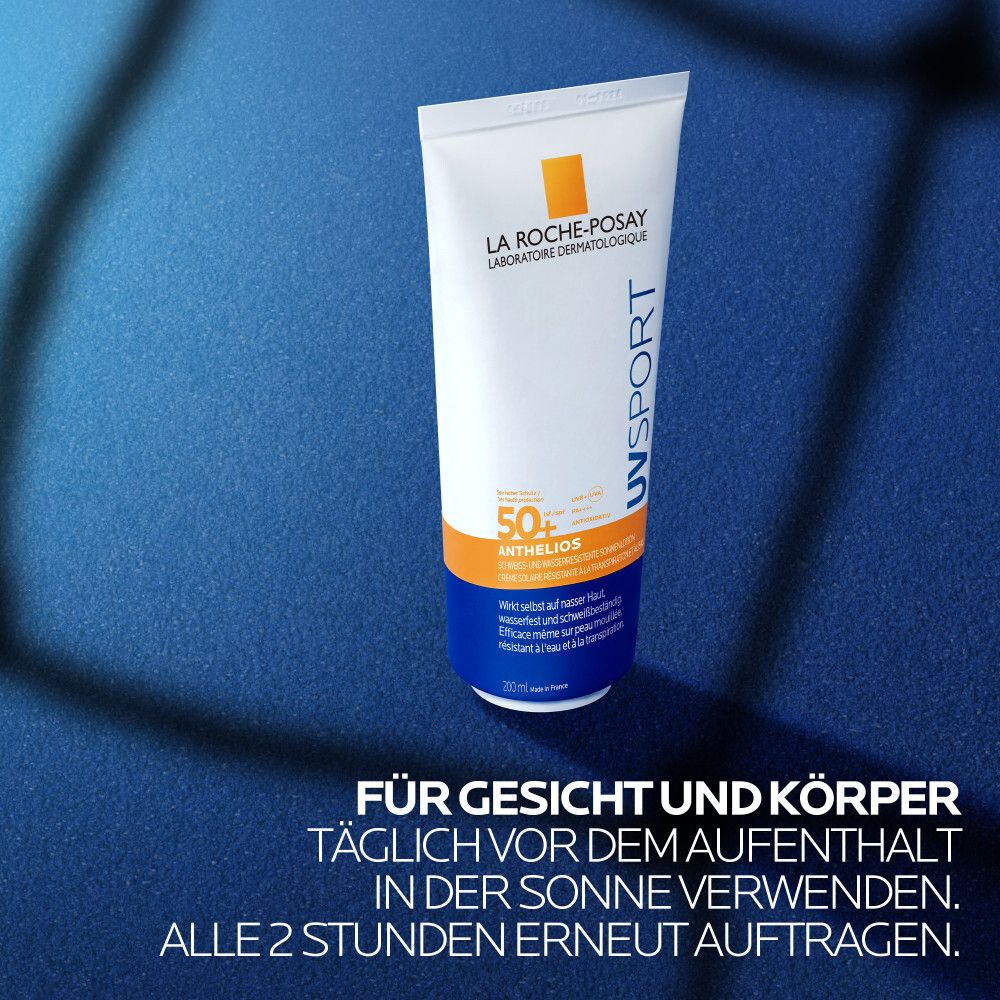 La Roche-Posay Anthelios UVsport LSF 50+. Für Gesicht und Körper. Täglich vor Sonne verwenden. Alle 2 Stunden neu auftragen.
