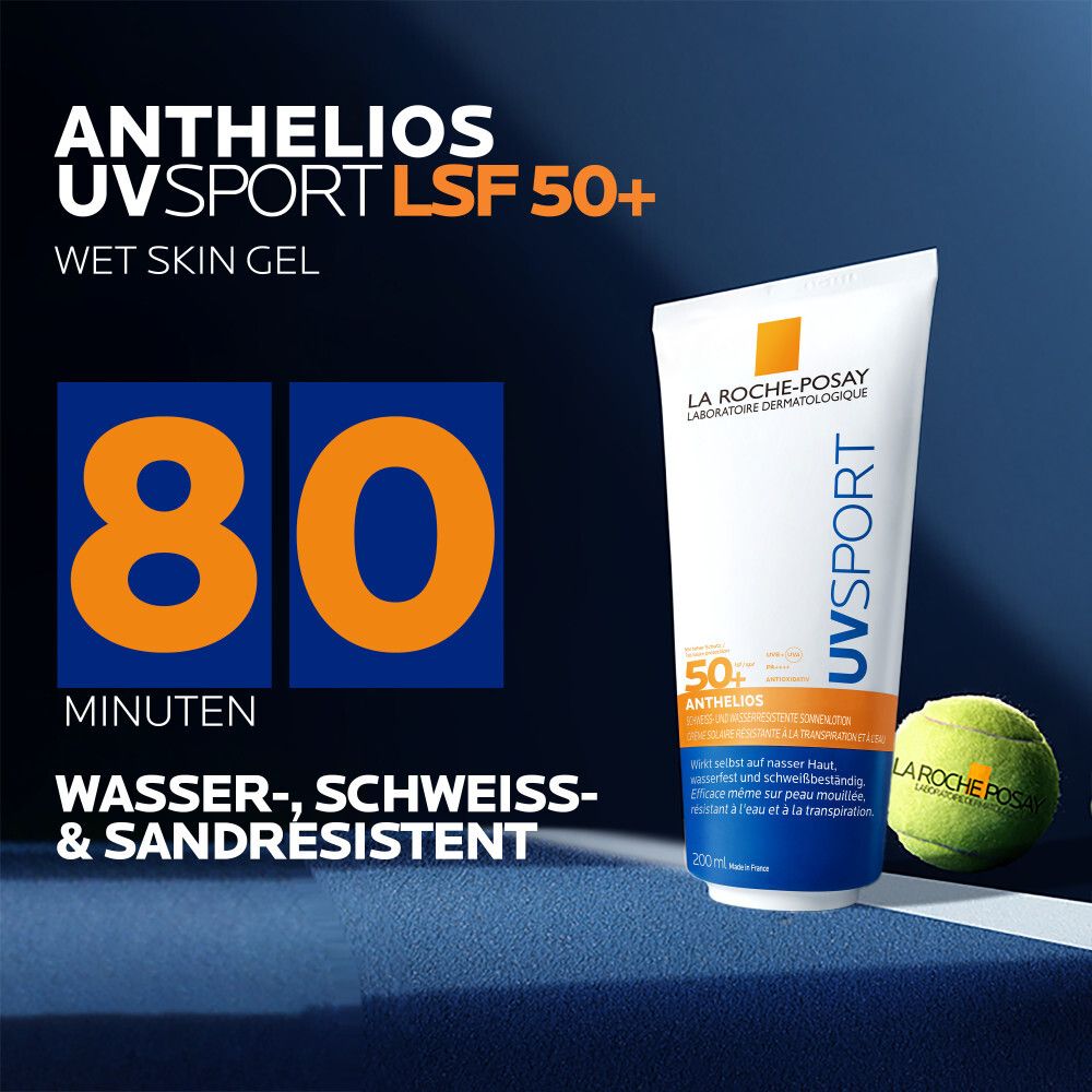 La Roche-Posay Anthelios UVsport LSF 50+. 80 Minuten wasser-, schweiß- & sandresistent.