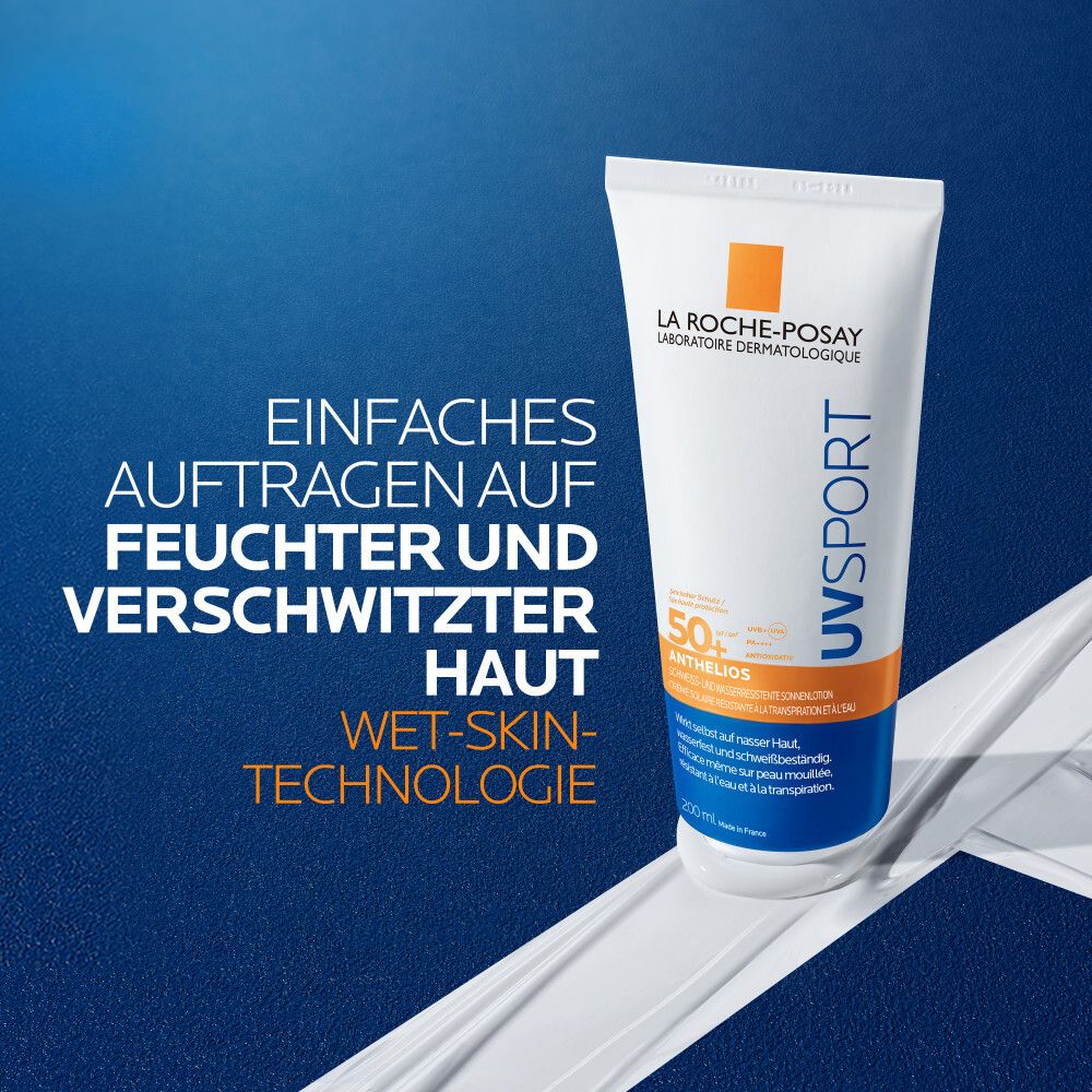 La Roche-Posay Anthelios UVsport Gel. Einfaches Auftragen auf feuchter Haut. Wet-Skin-Technologie.