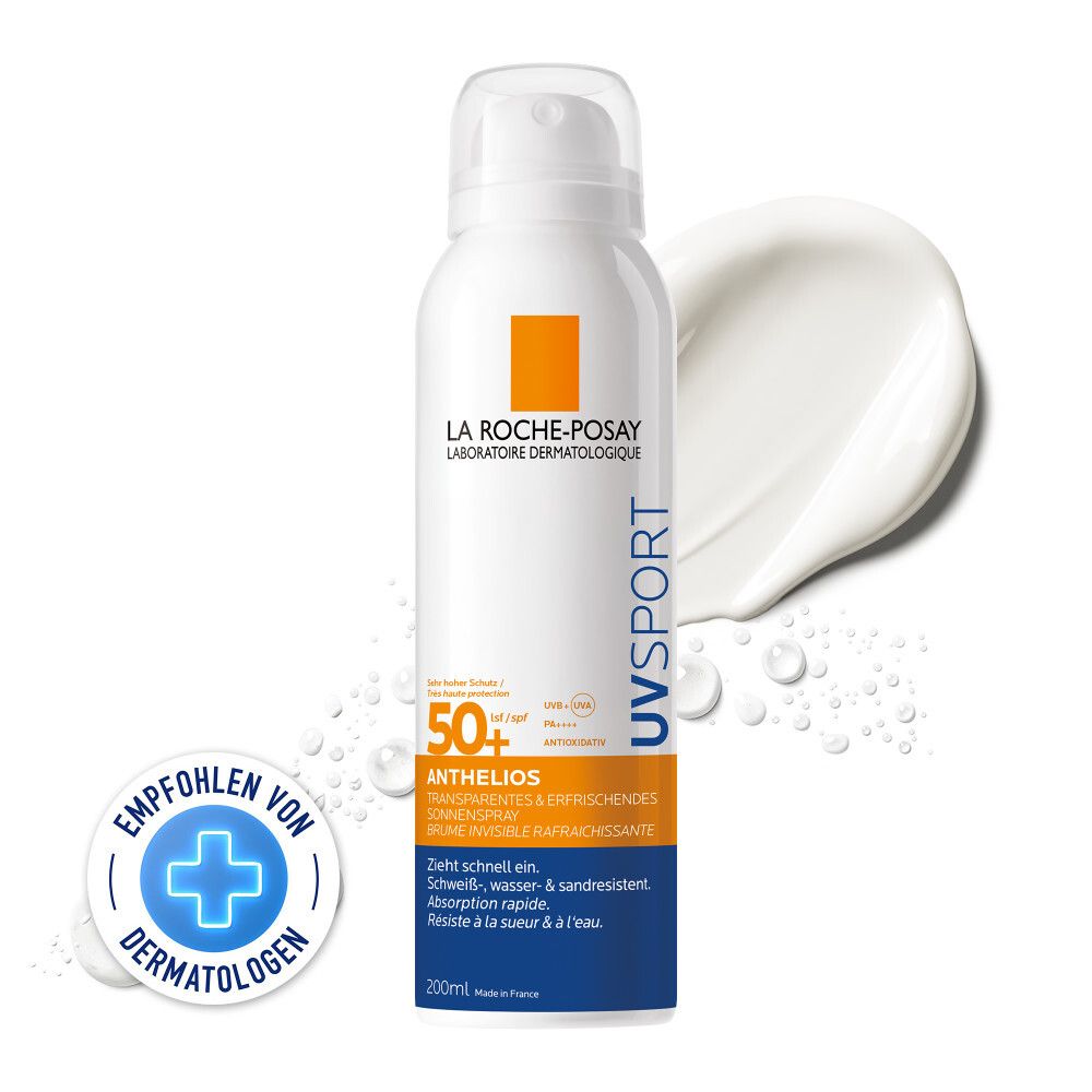 Weißes Spray mit orangefarbenem Quadrat. Aufschrift: La Roche-Posay, Anthelios UV Sport 50+. Empfohlen von Dermatologen.