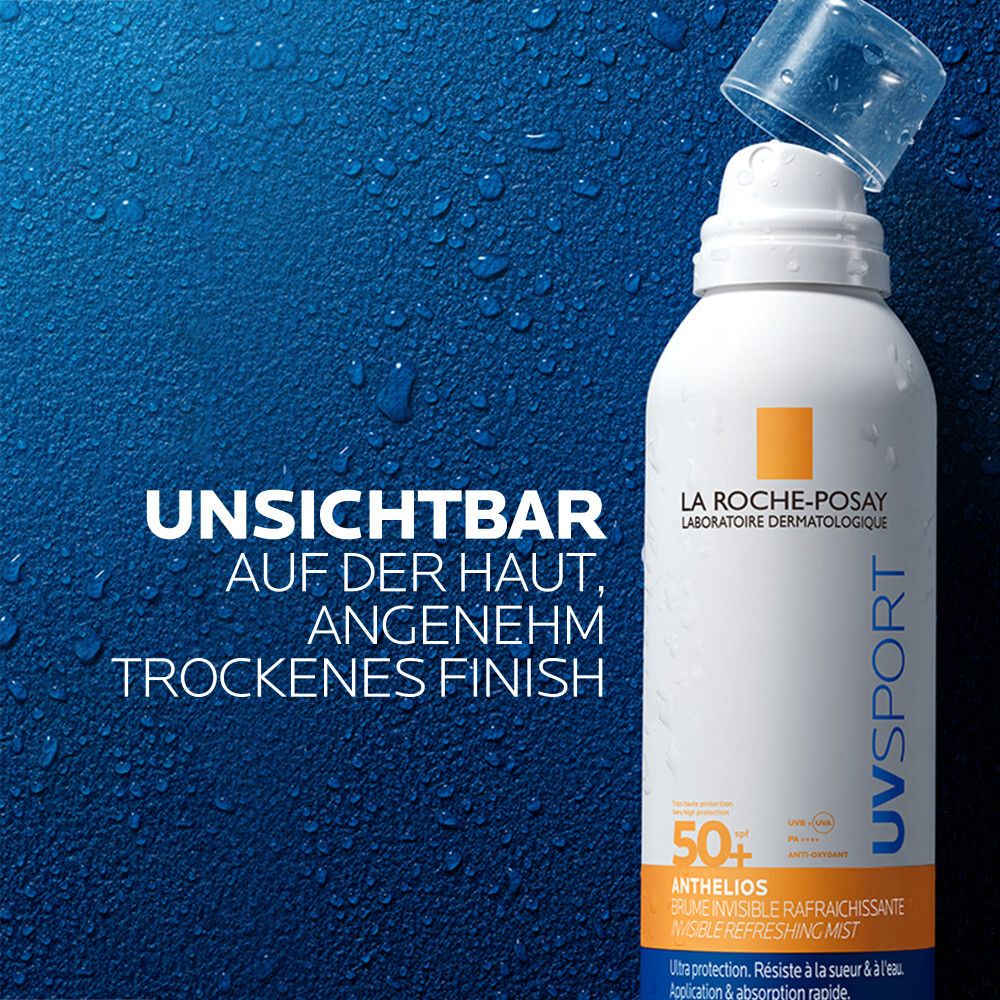 La Roche Posay Anthelios UV Sport Sonnenspray LSF 50+. Unsichtbar auf der Haut, trockenes Finish. Weißer Pumpspray auf blauem Hintergrund mit Wassertropfen.