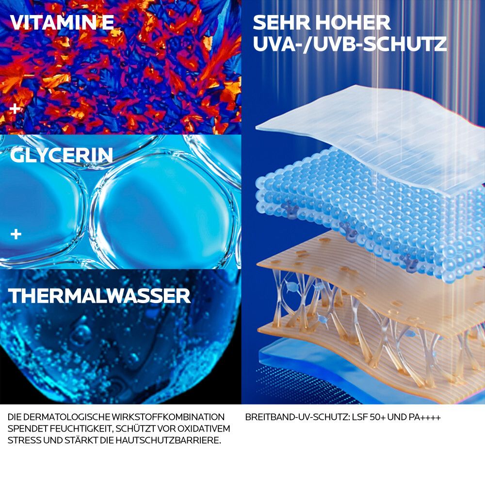 La Roche Posay Anthelios UV Sport Sonnenspray LSF 50+. Hoher UVA-/UVB-Schutz. Enthält Vitamine, Glycerin und Thermalwasser. Schichten zeigen Schutzmechanismus.