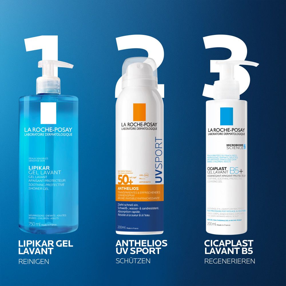 La Roche Posay Hautpflegeprodukte: Lipikar Gel Lavant, Anthelios UV Sport Sonnenspray, Cicaplast Lavant B5. Drei weiße Pumpsprays auf blauem Hintergrund.