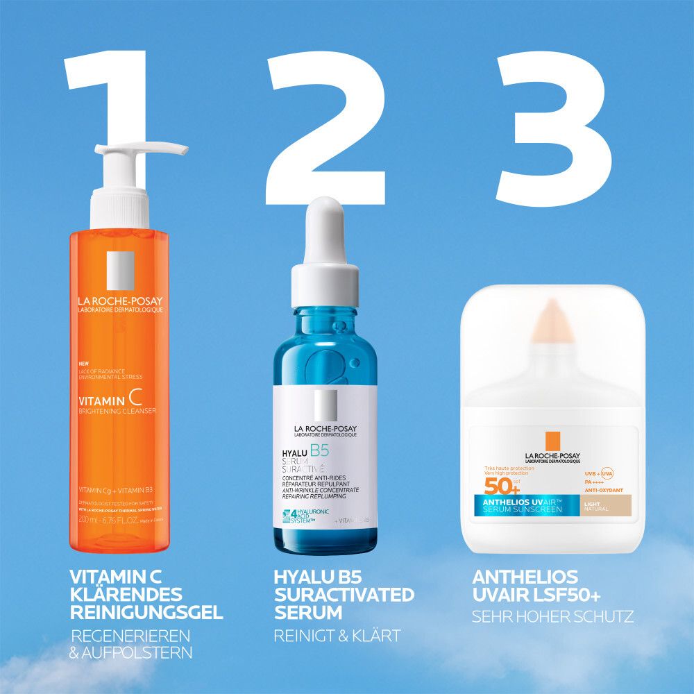 La Roche Posay Anthelios UV Air Serum Getönt (Hell) LSF 50+ neben La Roche Posay Vitamin C Reiniger und Hyalu B5 Serum.