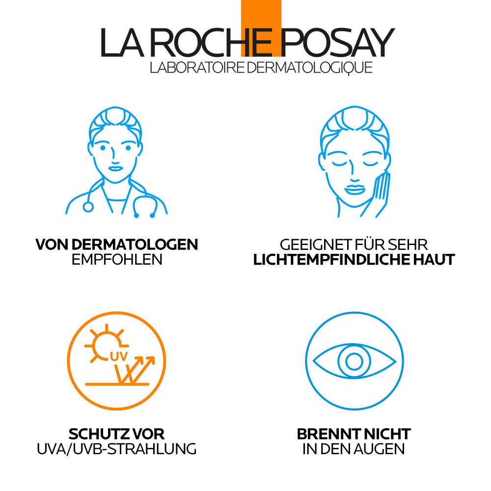 La Roche Posay Anthelios UV Air Serum Getönt (Hell) LSF 50+. Icons: Dermatologen-Empfehlung, für empfindliche Haut, UV-Schutz, brennt nicht in Augen.