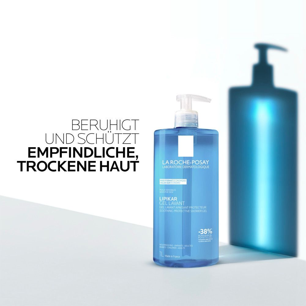 La Roche-Posay Lipikar Gel Lavant Flasche. Text: Beruhigt und schützt empfindliche, trockene Haut.