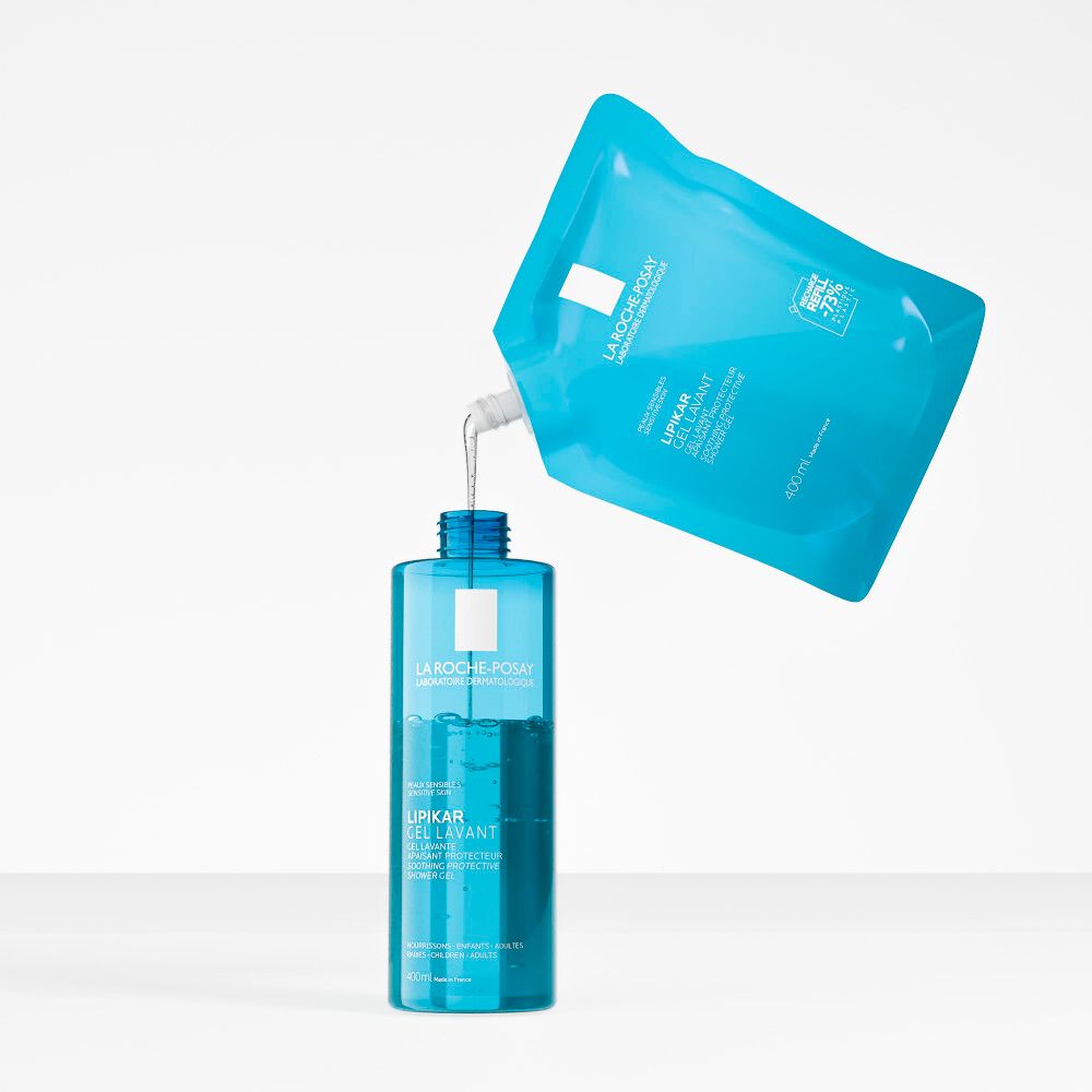 Nachfüllpackung für La Roche-Posay Lipikar Gel Lavant. Blau, mit Ausgießer. Zum Nachfüllen der Flasche.