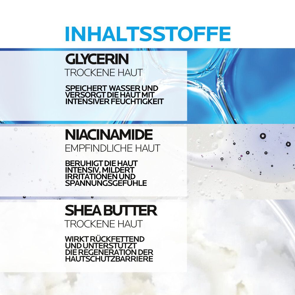 Inhaltsstoffe: Glycerin, Niacinamid, Sheabutter. Text über die Wirkung auf trockene und empfindliche Haut.