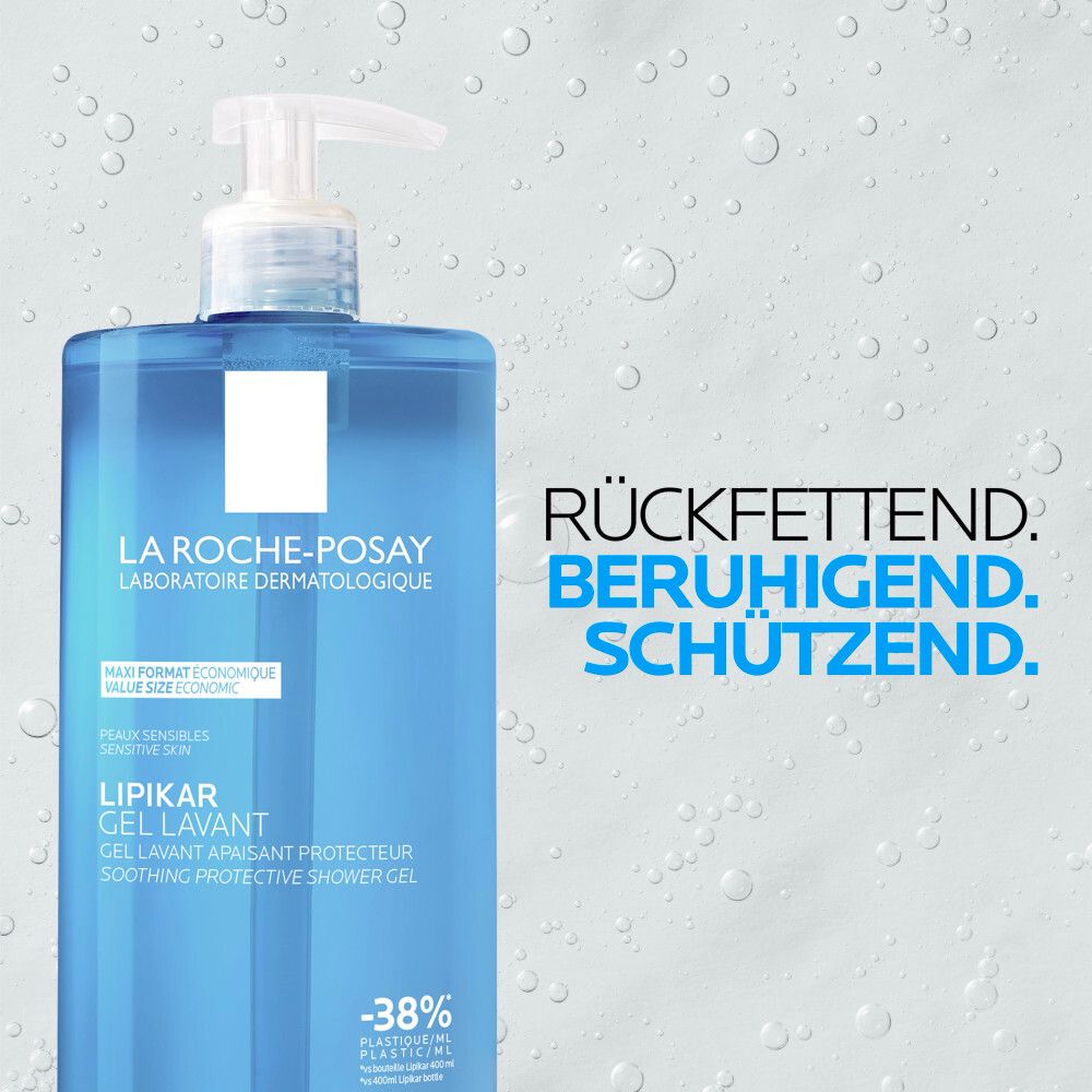 La Roche-Posay Lipikar Gel Lavant Flasche. Text: Rückfettend. Beruhigend. Schützend. -38% Plastik.