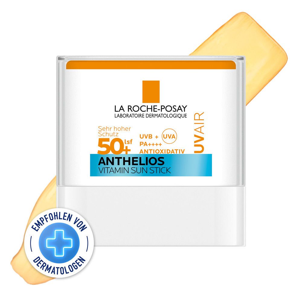 La Roche-Posay Anthelios UV Air Stick LSF 50+. Weißer Stick mit orangefarbener und blauer Beschriftung. Dermatologen empfohlen.