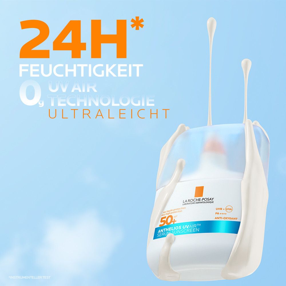 La Roche Posay Anthelios UV Air Serum LSF 50+ Flasche mit Schutz. 24h Feuchtigkeit, ultraleicht.