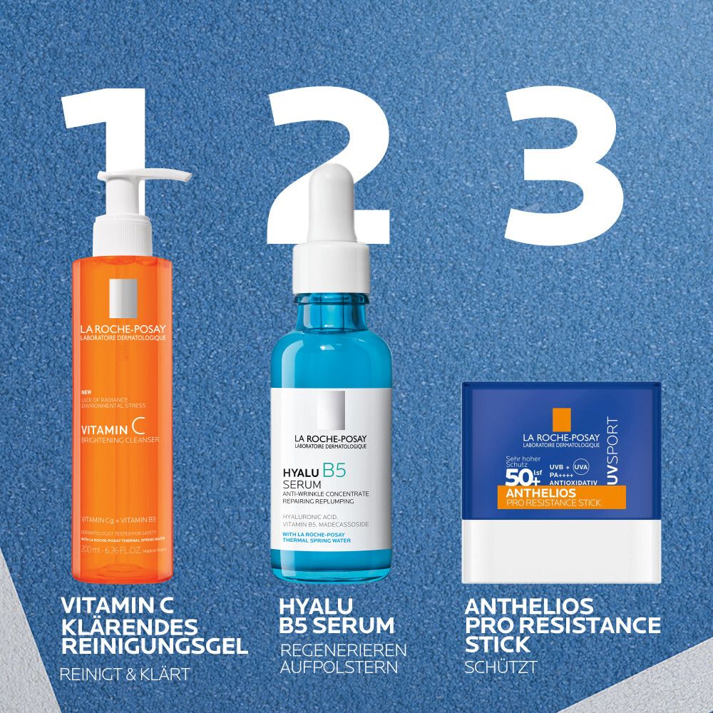 La Roche-Posay Routine: Reinigungsgel, Hyalu B5 Serum, Anthelios Sonnenschutzstift.